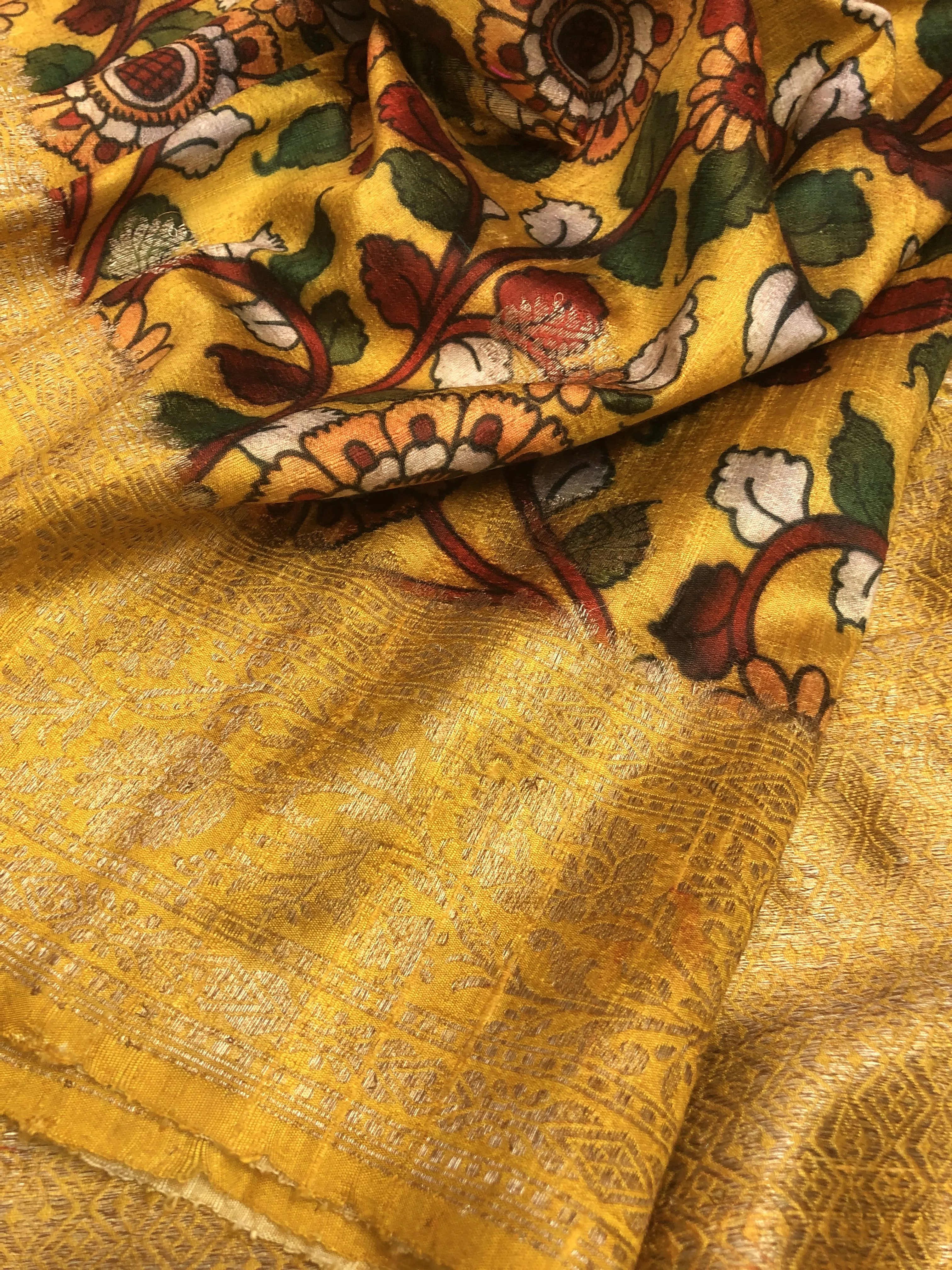 Golden Yellow and Multicolor Tussar Banarasi with Kalamkari Work