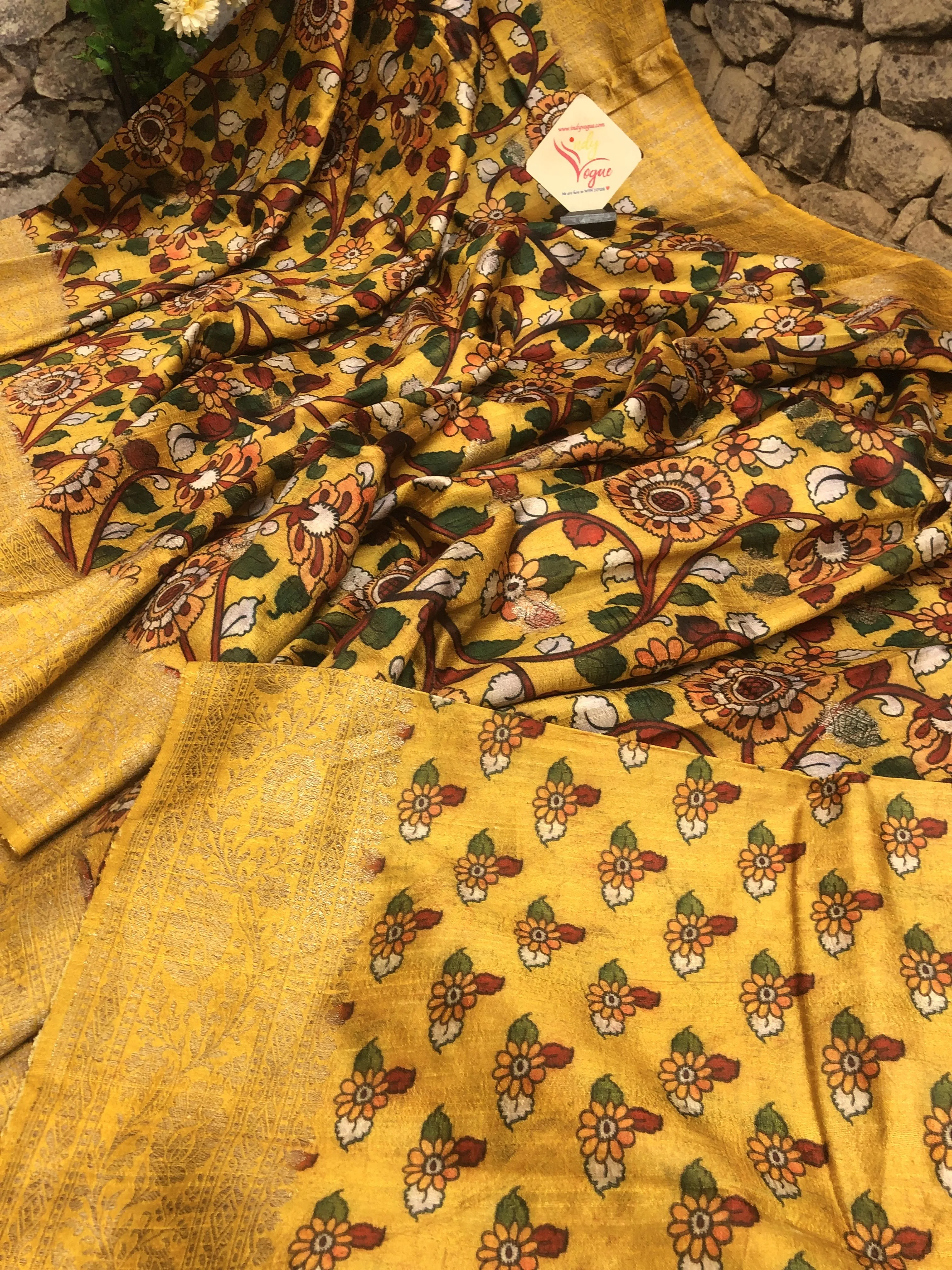 Golden Yellow and Multicolor Tussar Banarasi with Kalamkari Work