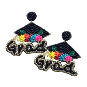 Grad Felt Back Seed Beaded Graduation Cap Dangle Earrings