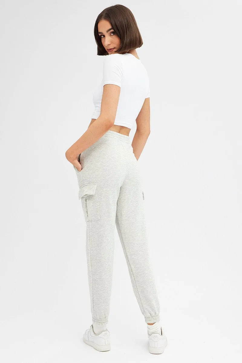 Grey Cargo Track Pants High Rise