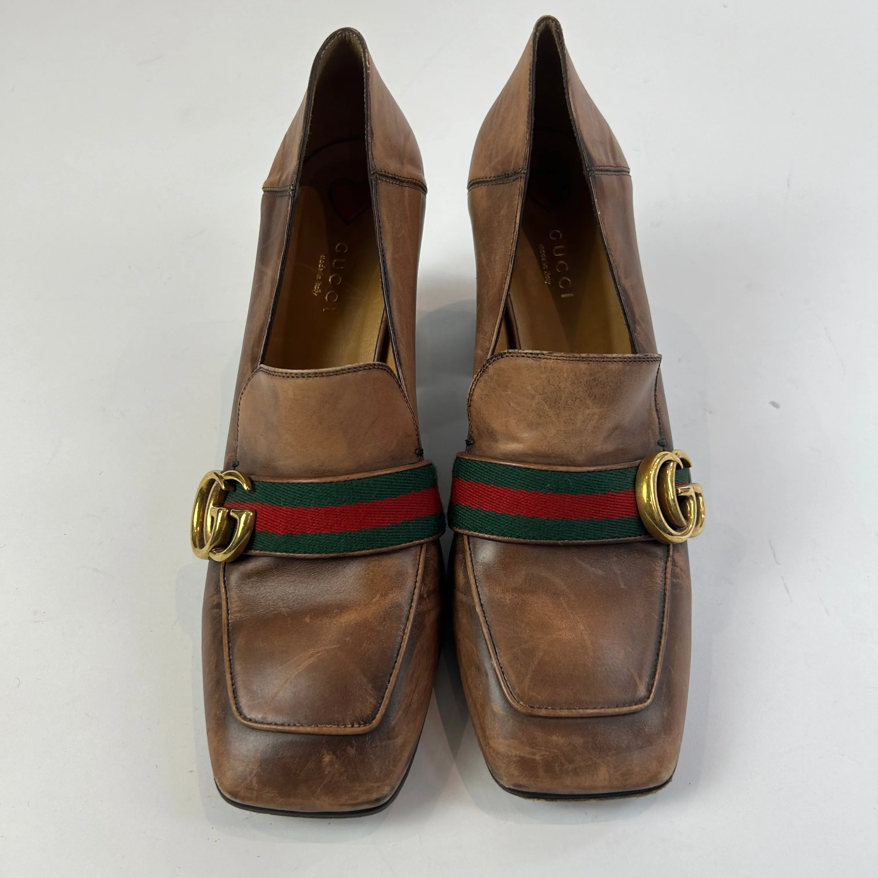 Gucci Tan Distressed Peyton GG Heel Loafers 40