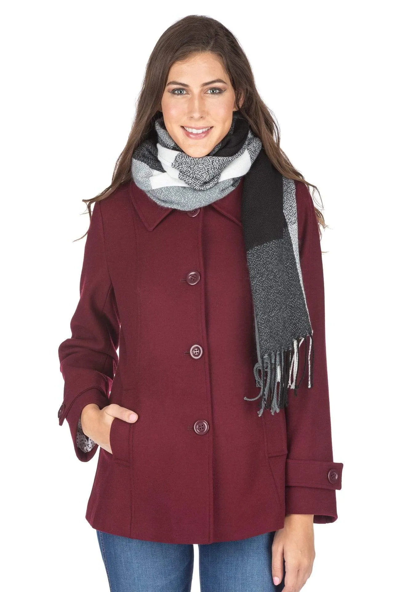 Haute Edition Women's Short Length Wool Blend Car Coat with Free Scarf