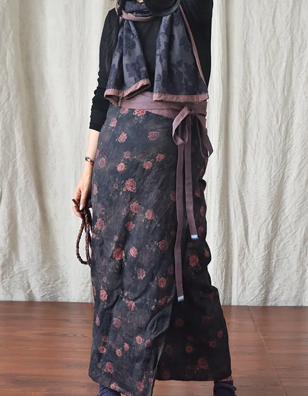 High Waist Retro Printed Linen Wrap Lace Floral Skirt