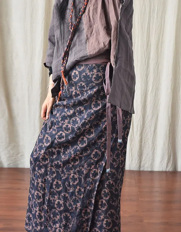 High Waist Retro Printed Linen Wrap Lace Floral Skirt