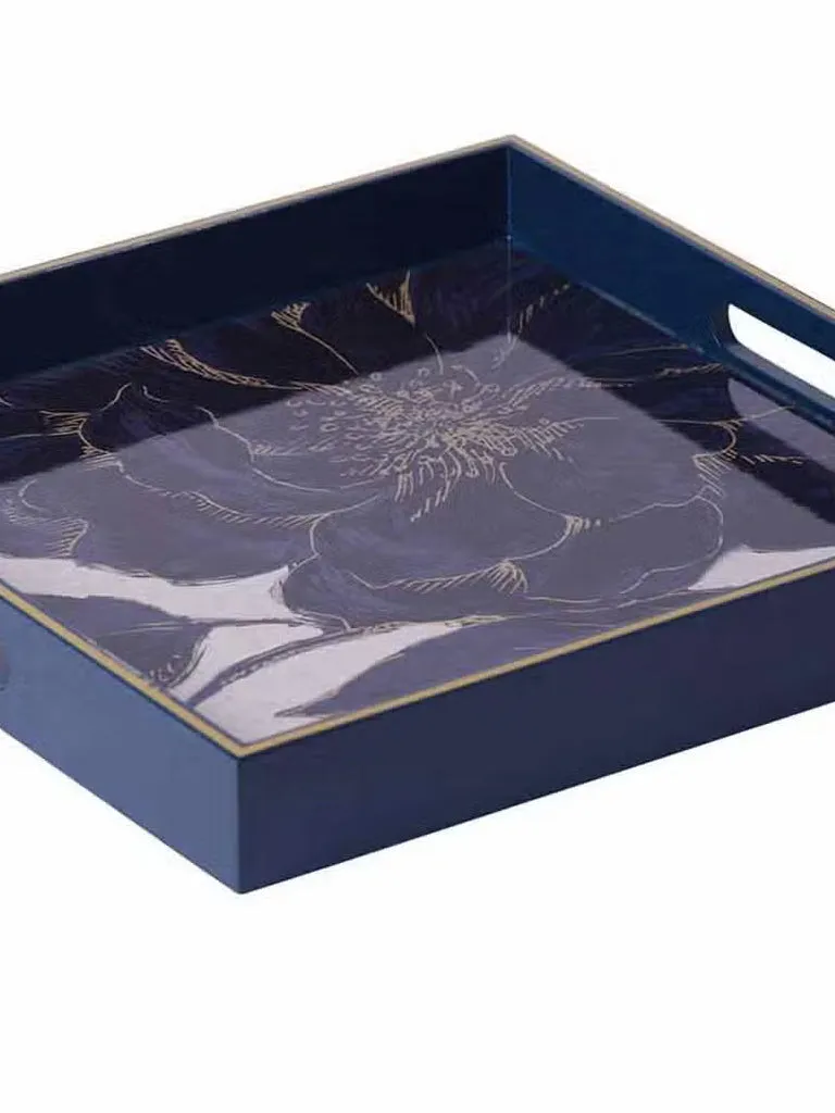 Indigo Floral Tray, 15"x15"