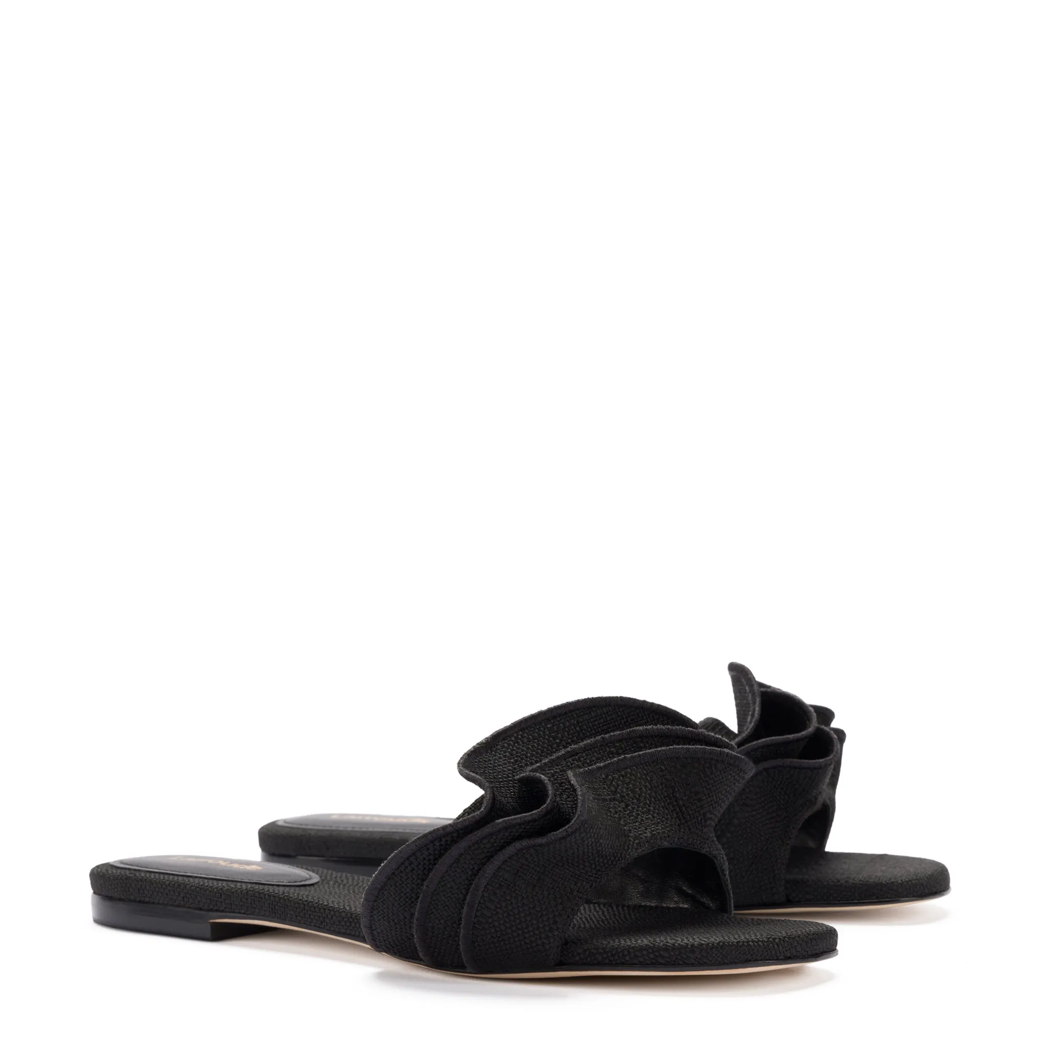 Ivy Ruffle Flat Mule In Black Raffia