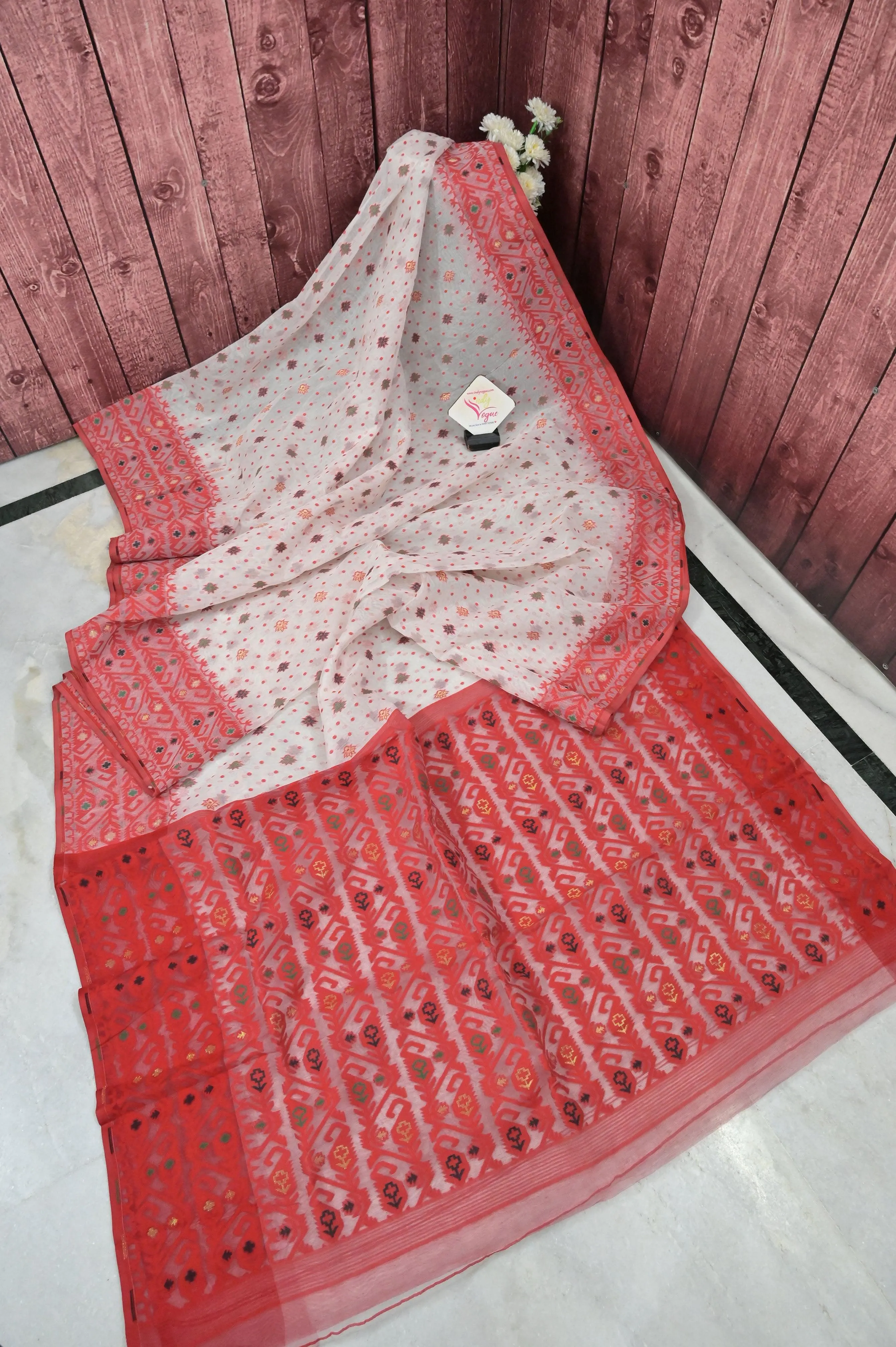 Jade White and Red Color Jamdani Saree