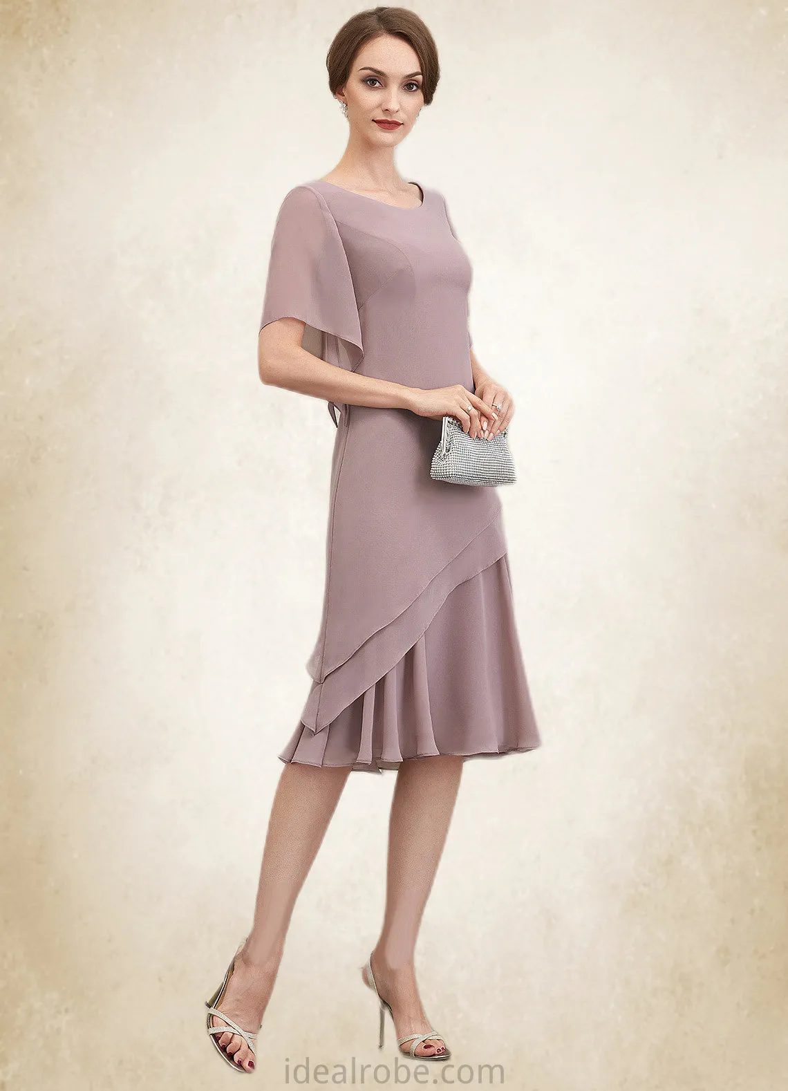 Janae A-Line Scoop Neck Knee-Length Chiffon Mother of the Bride Dress With Cascading Ruffles STK126P0014755