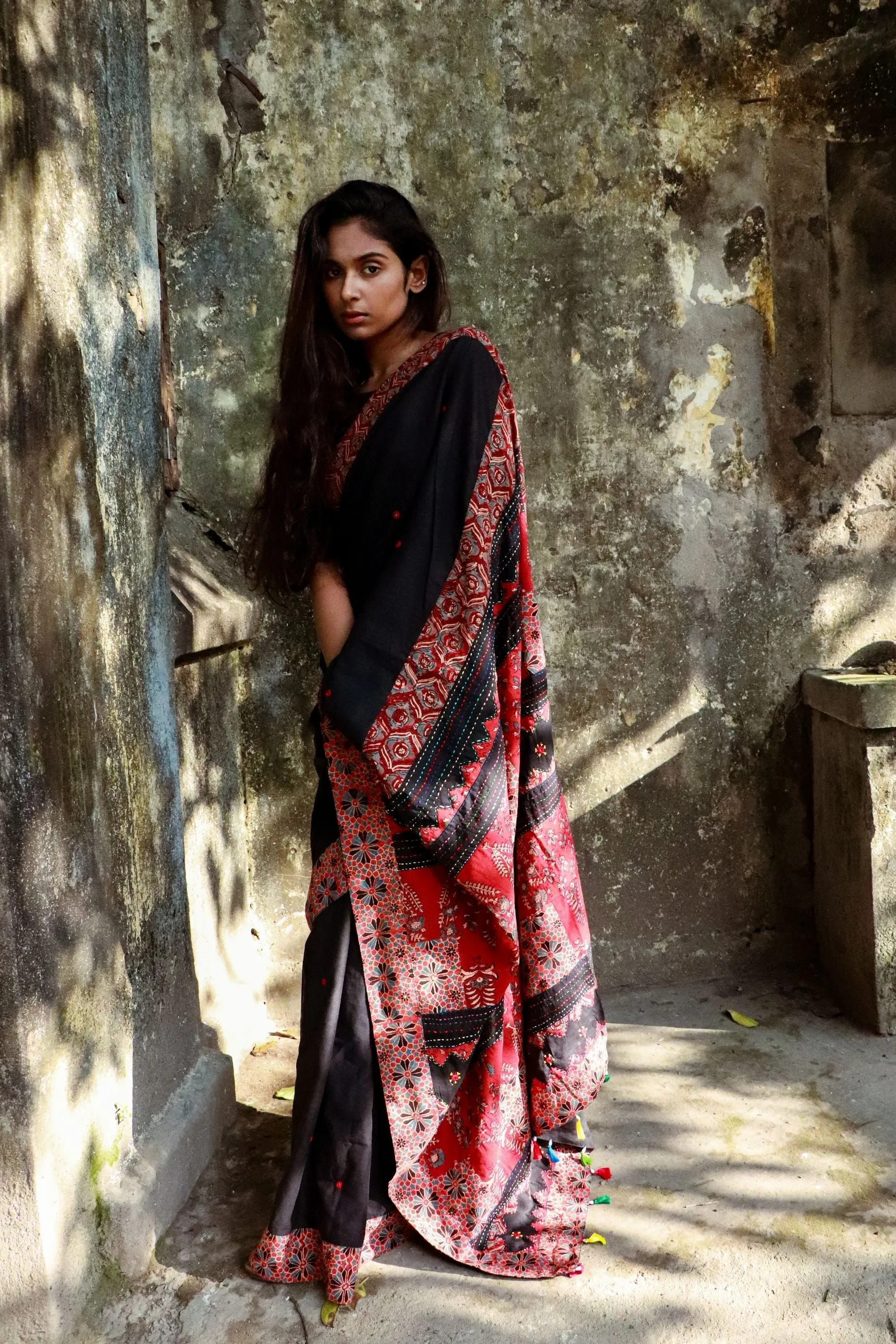 Jharokha -  Black and Red Ajrakh handblockprinted patchwork Gudri Barmer saree