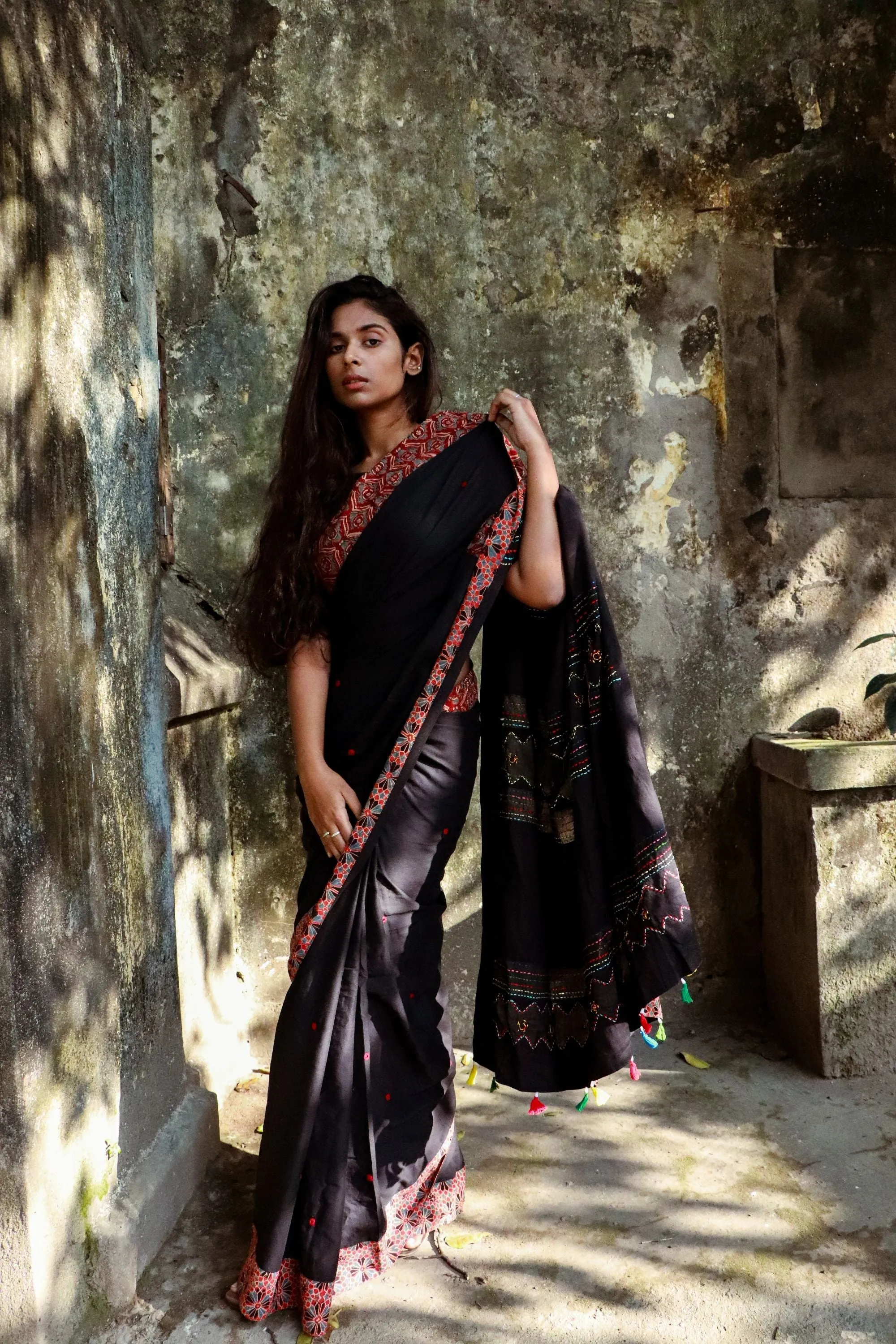 Jharokha -  Black and Red Ajrakh handblockprinted patchwork Gudri Barmer saree