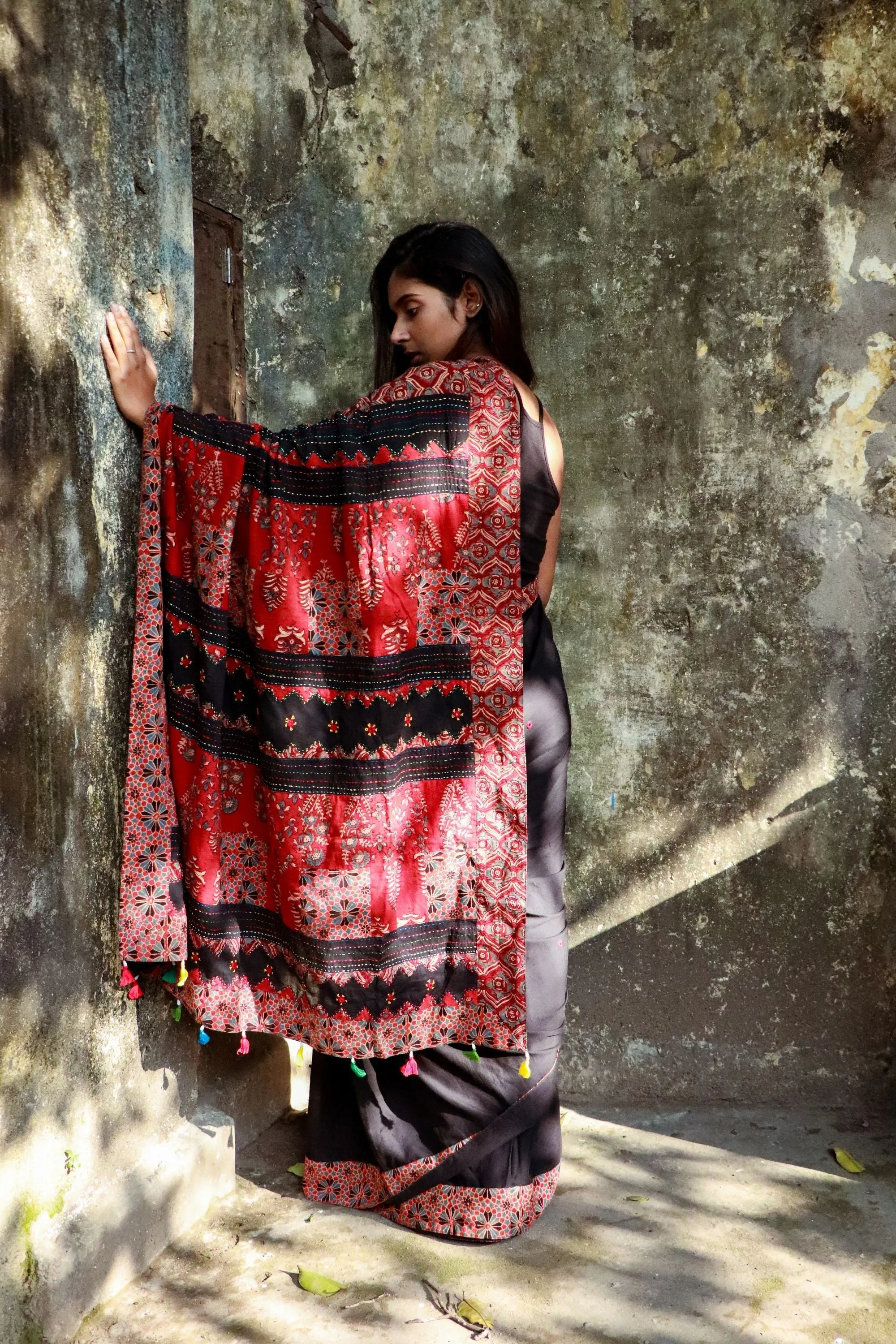 Jharokha -  Black and Red Ajrakh handblockprinted patchwork Gudri Barmer saree