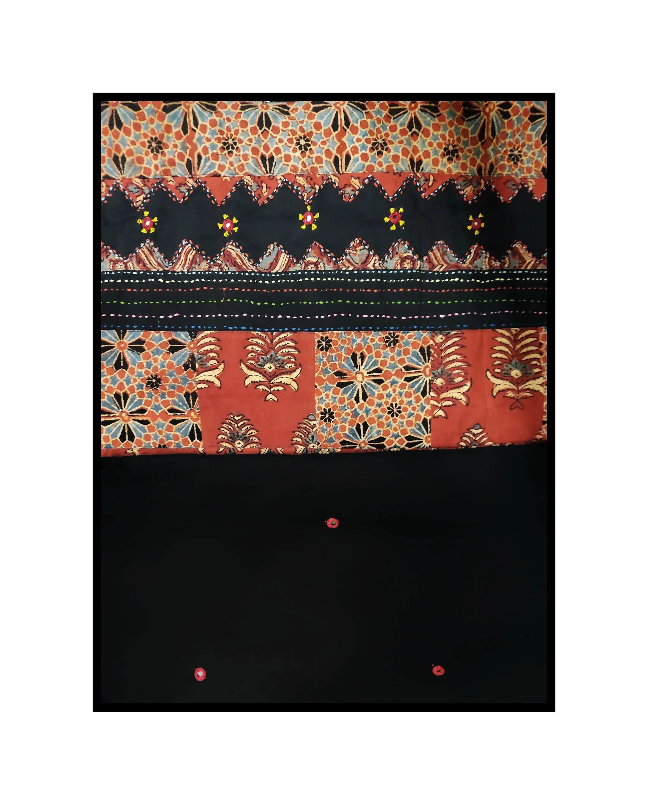 Jharokha -  Black and Red Ajrakh handblockprinted patchwork Gudri Barmer saree