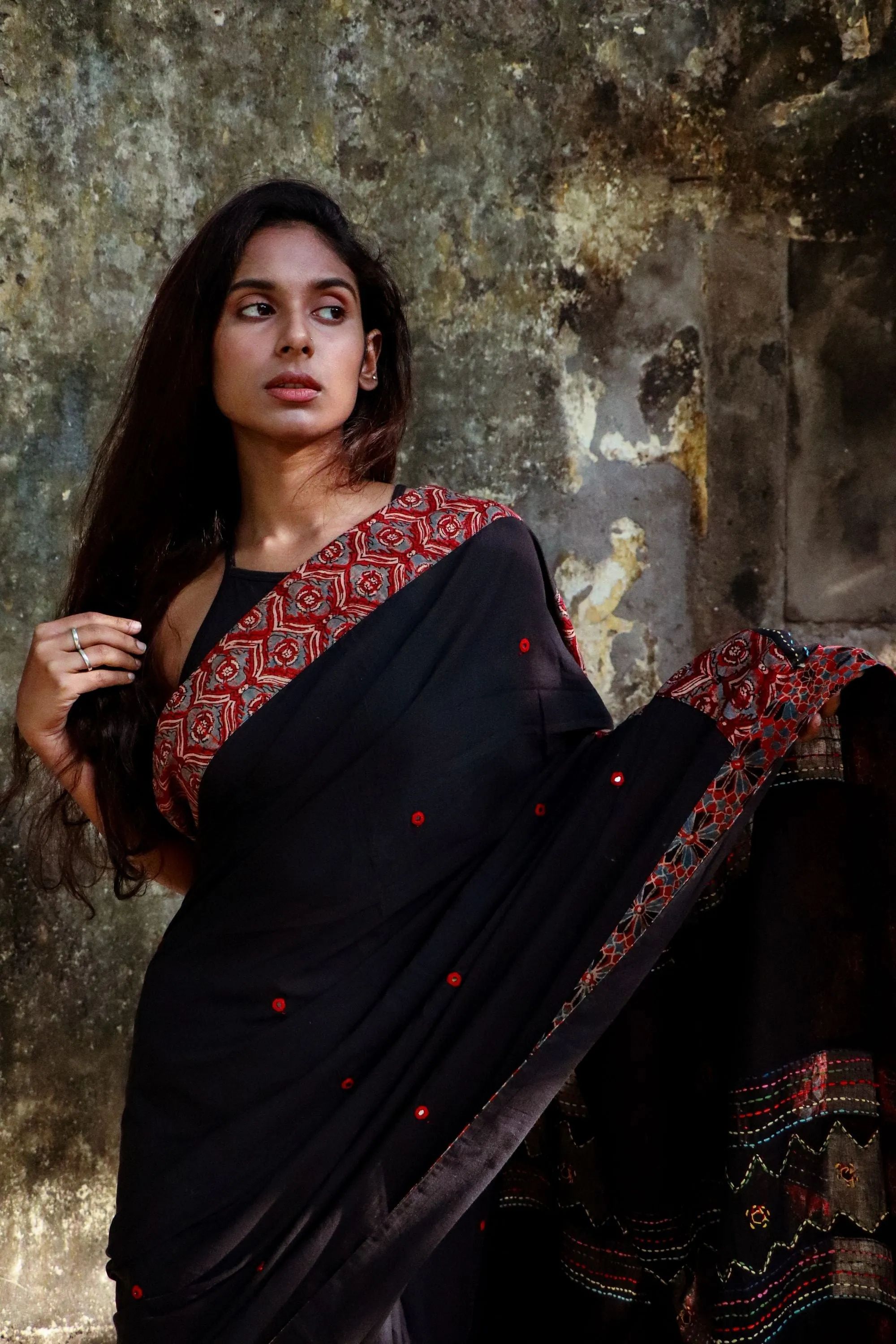 Jharokha -  Black and Red Ajrakh handblockprinted patchwork Gudri Barmer saree