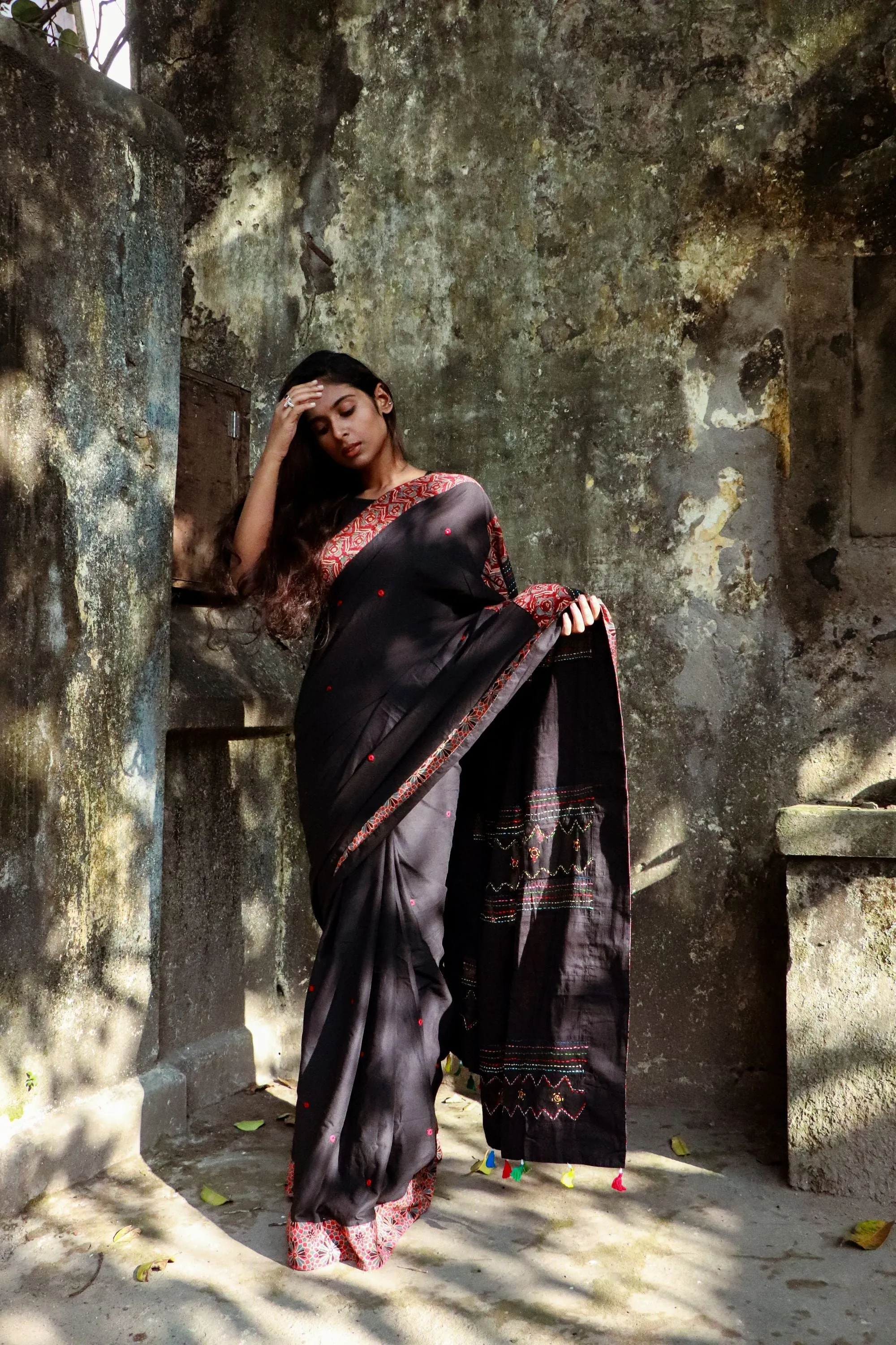 Jharokha -  Black and Red Ajrakh handblockprinted patchwork Gudri Barmer saree