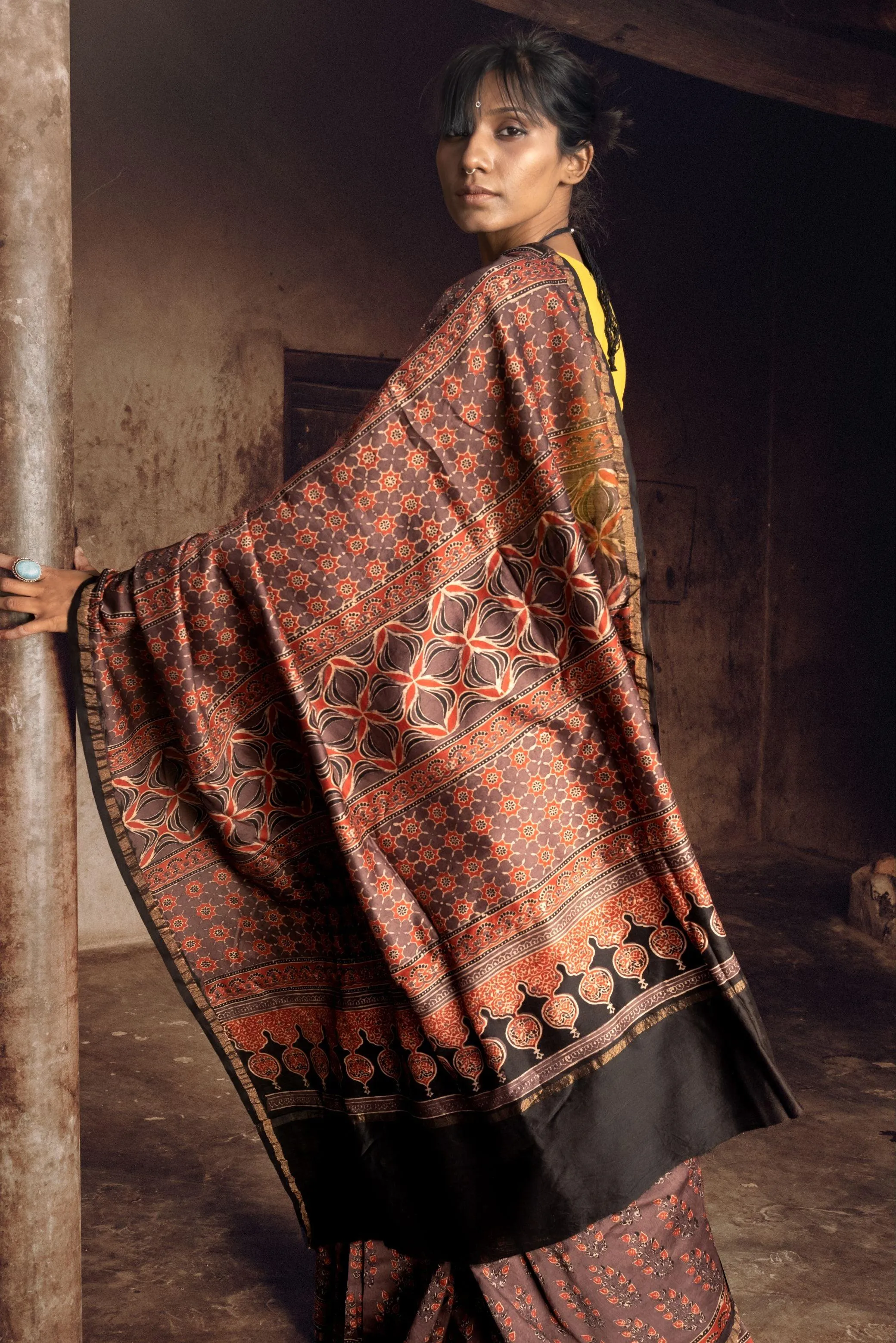 Jharokha -Grey and red silk  cotton Ajrakh handblockprinted saree