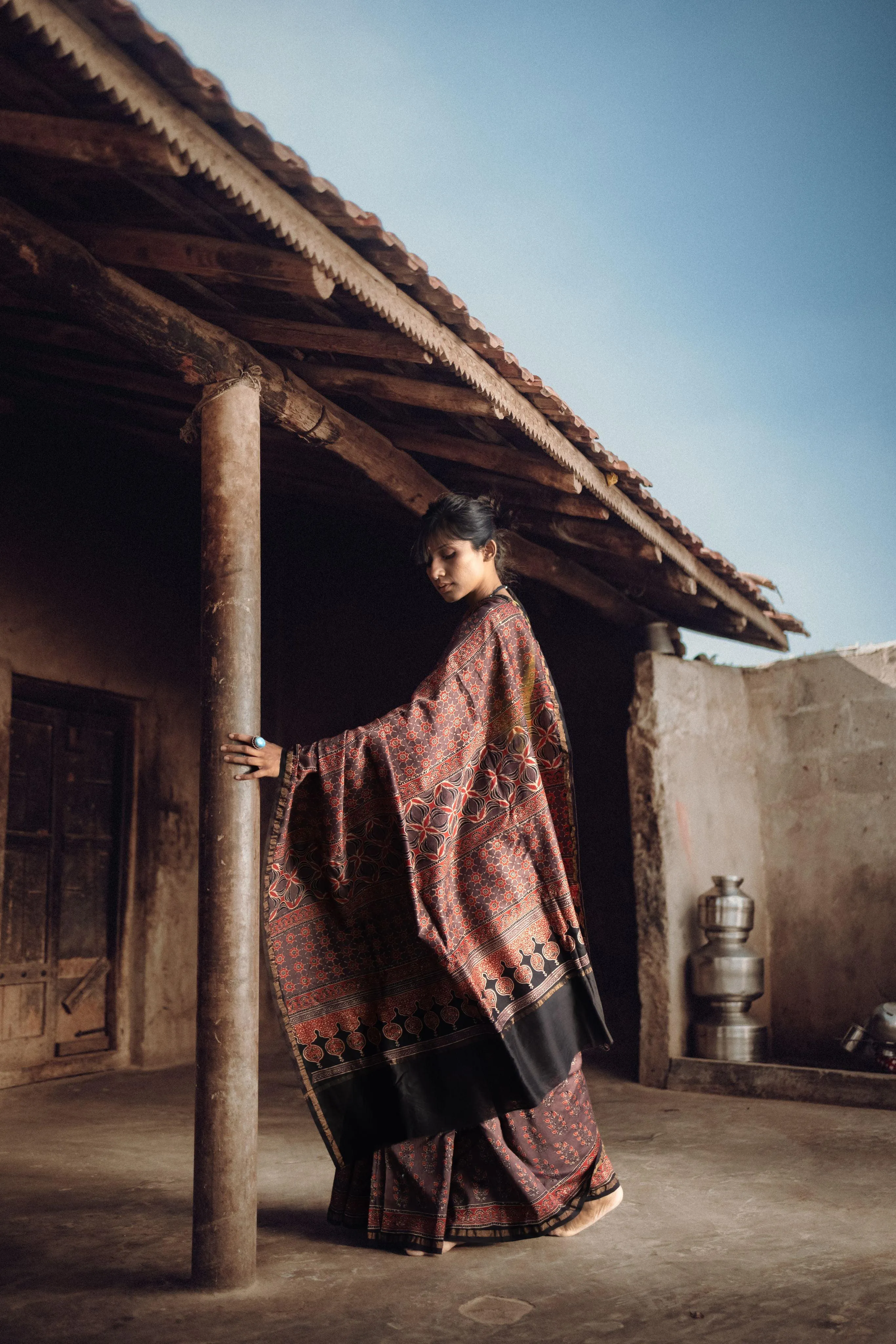 Jharokha -Grey and red silk  cotton Ajrakh handblockprinted saree