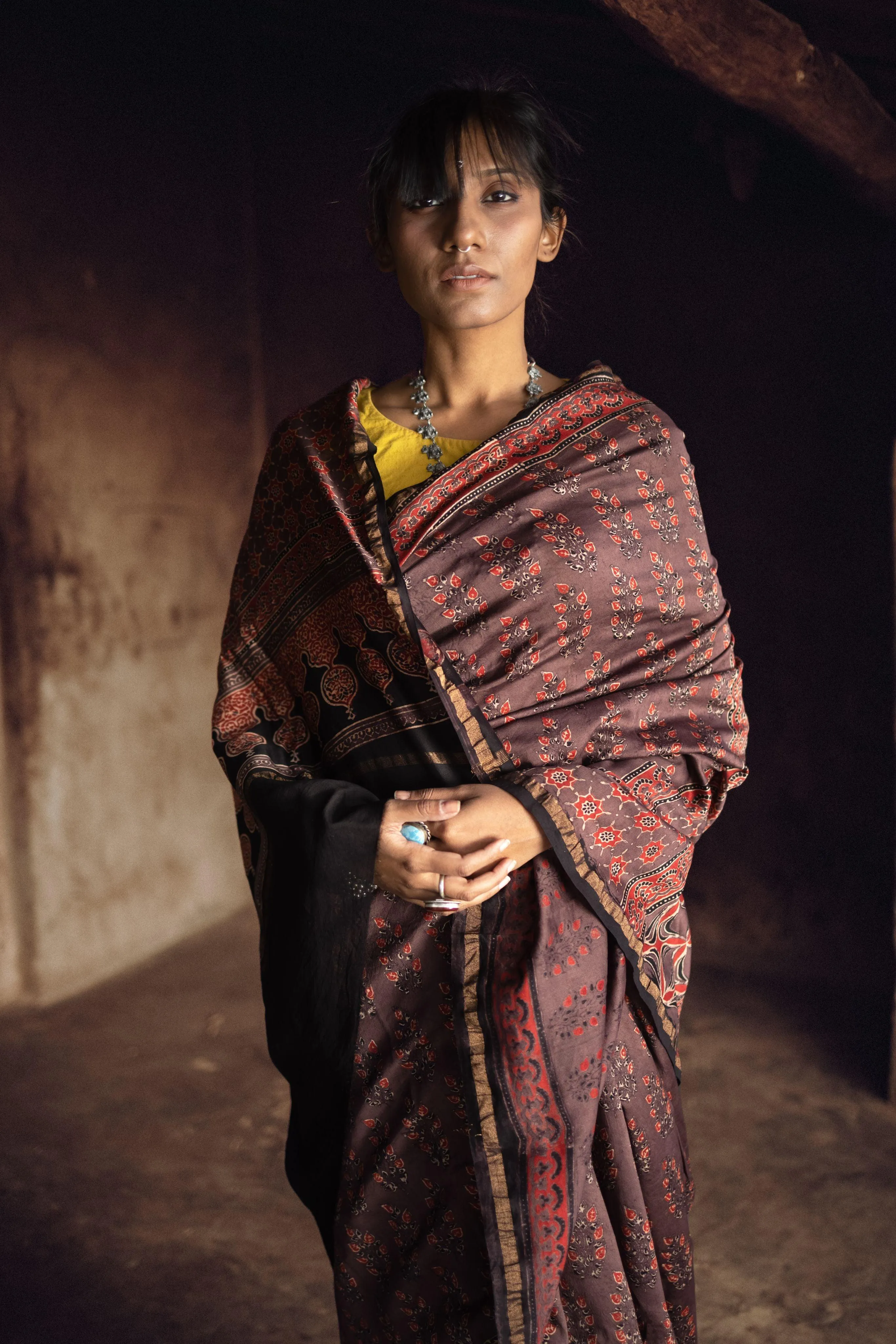 Jharokha -Grey and red silk  cotton Ajrakh handblockprinted saree