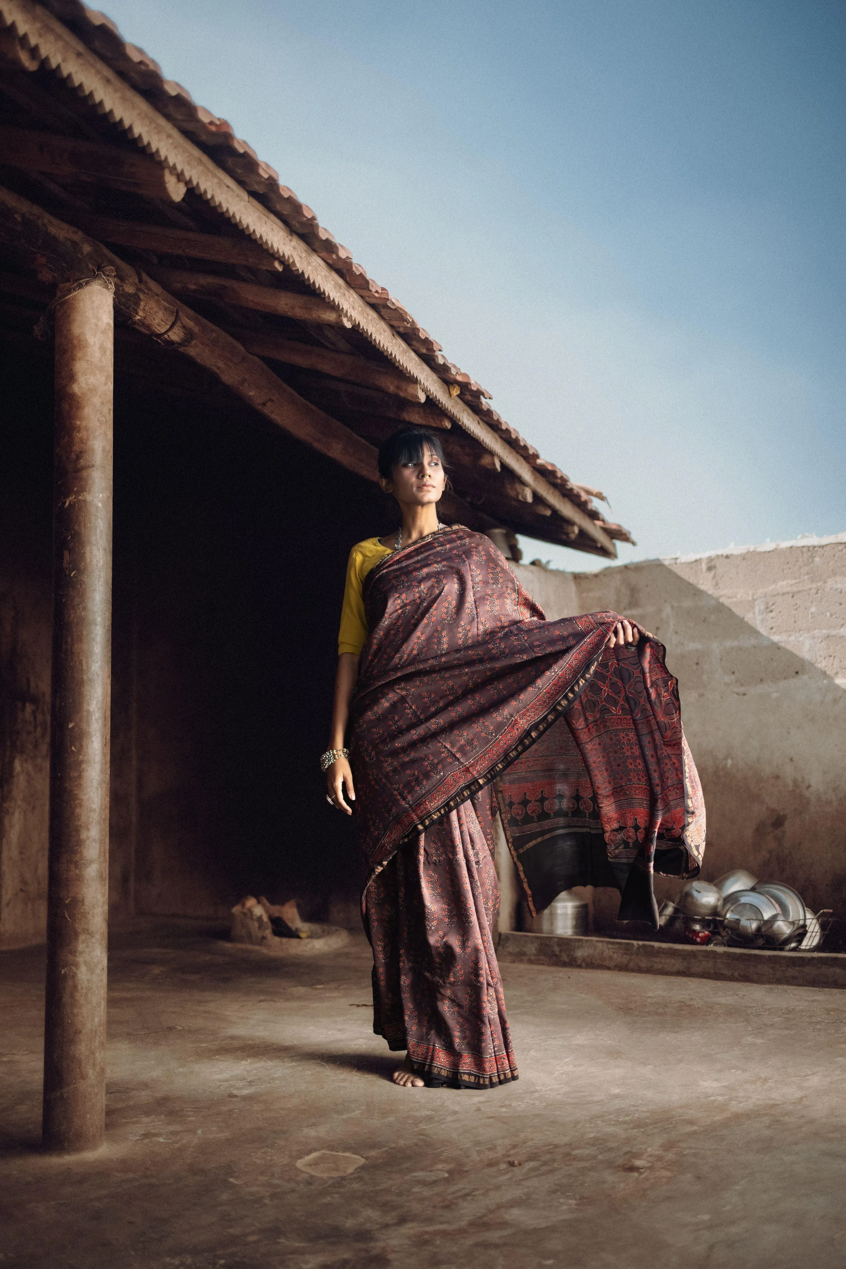 Jharokha -Grey and red silk  cotton Ajrakh handblockprinted saree