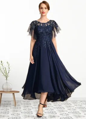 Kaila A-line Scoop Illusion Asymmetrical Chiffon Lace Mother of the Bride Dress With Sequins STKP0021712