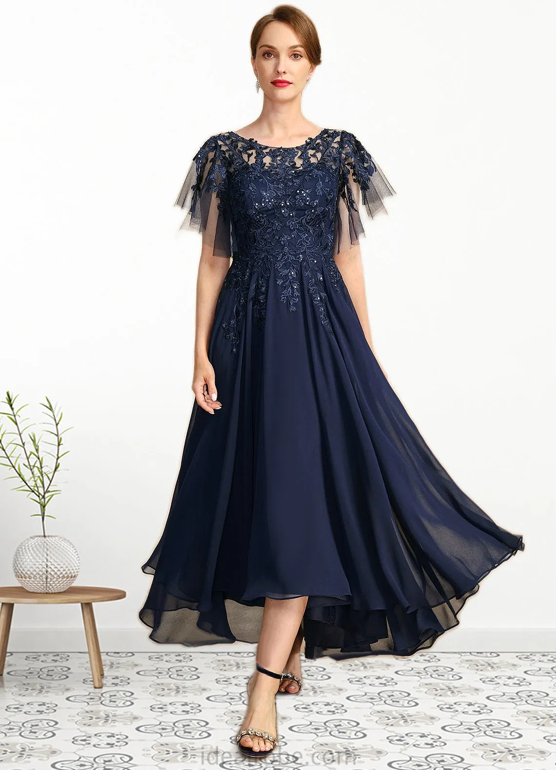 Kaila A-line Scoop Illusion Asymmetrical Chiffon Lace Mother of the Bride Dress With Sequins STKP0021712