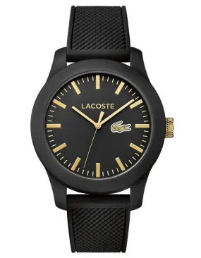 Lacoste 12.12 Watch - Black Case & Dial - Rubber Strap - Gold-Tone Accents - 30m