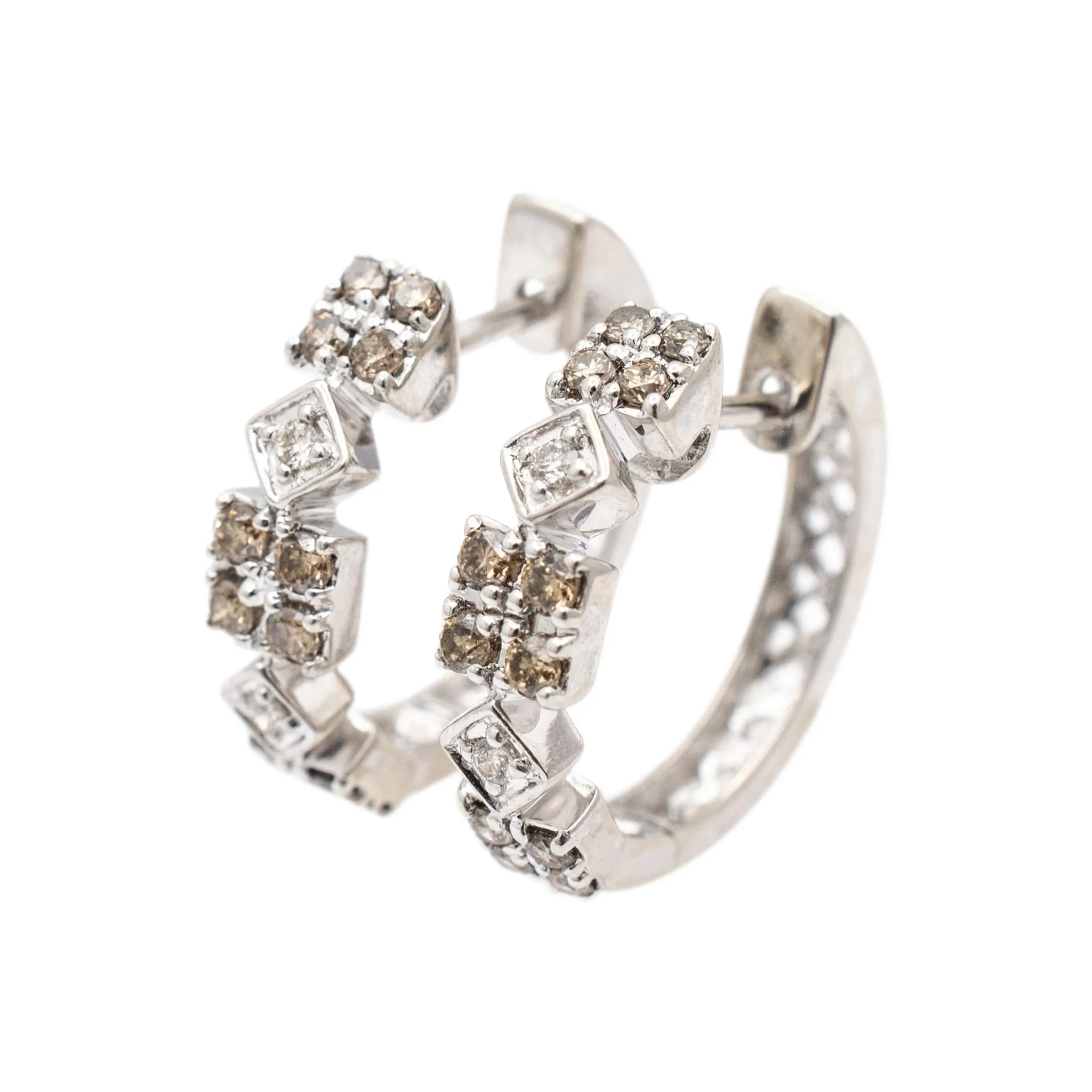 Ladies 14K White Gold Chocolate & White Diamonds Huggie Hoop Earrings