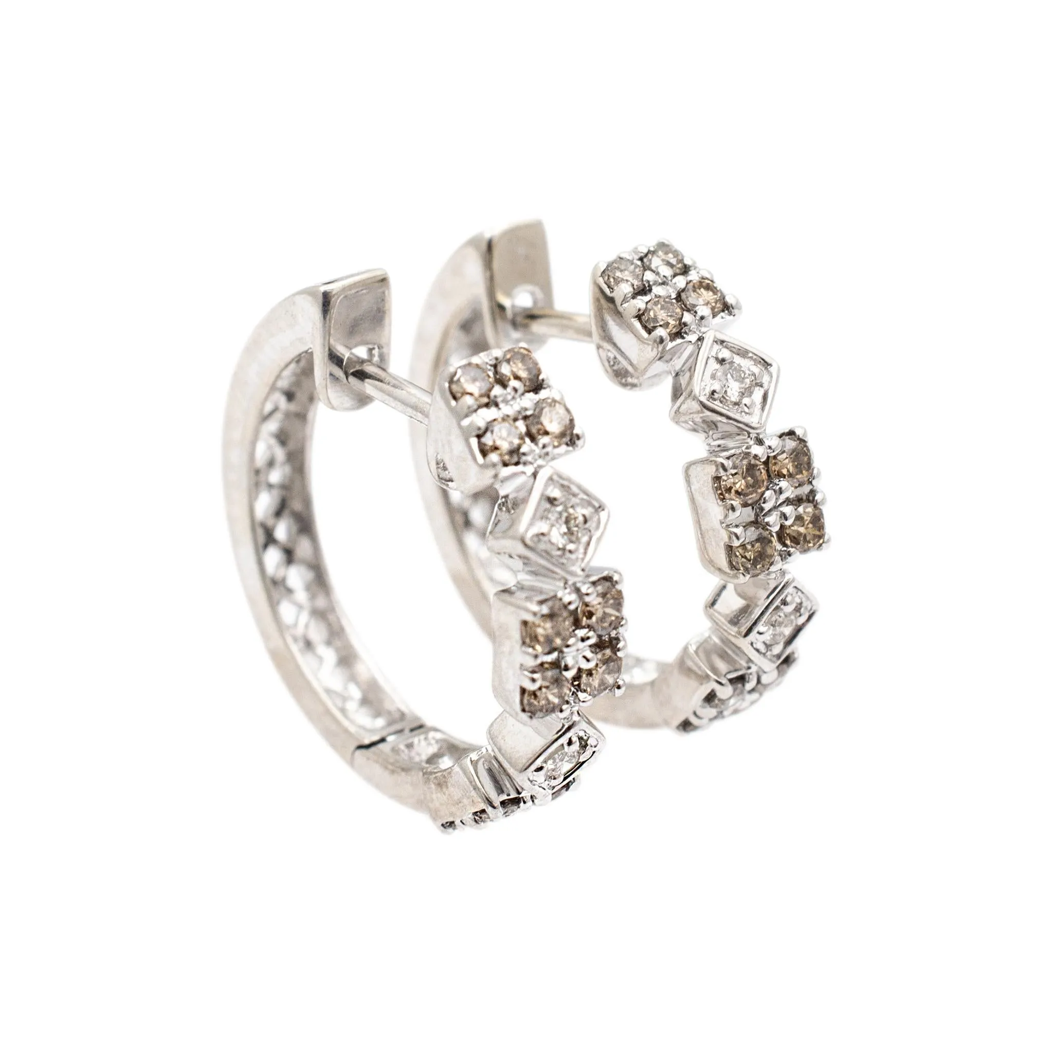 Ladies 14K White Gold Chocolate & White Diamonds Huggie Hoop Earrings