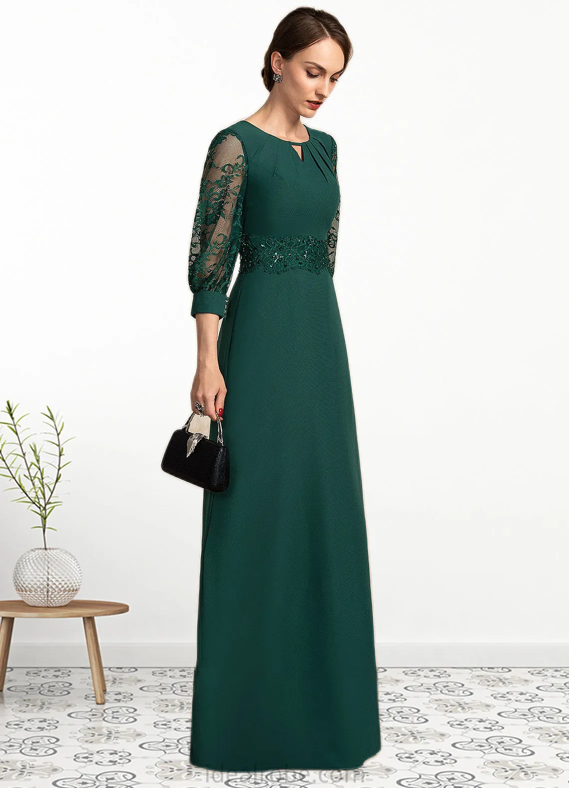 Lauretta A-Line Scoop Neck Floor-Length Chiffon Lace Mother of the Bride Dress With Beading Sequins STK126P0014773