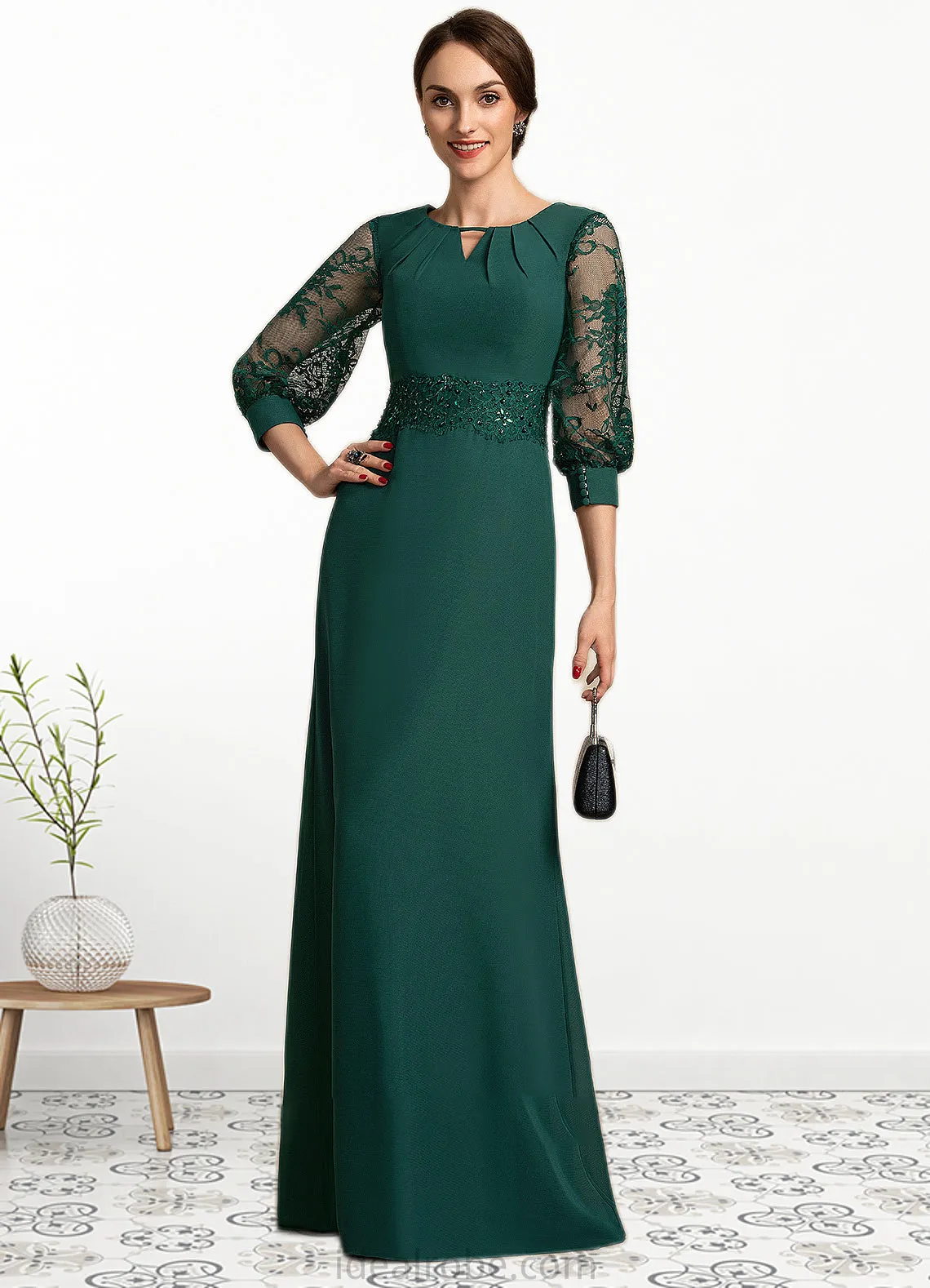 Lauretta A-Line Scoop Neck Floor-Length Chiffon Lace Mother of the Bride Dress With Beading Sequins STK126P0014773