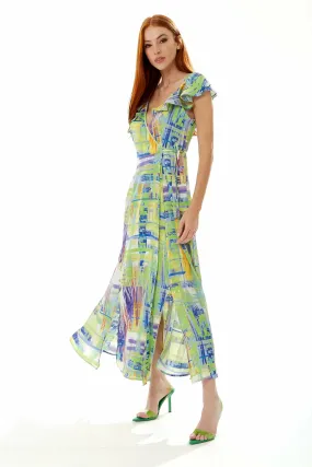 Liquorish Abstract Print Maxi Wrap Dress In Sage And Purple