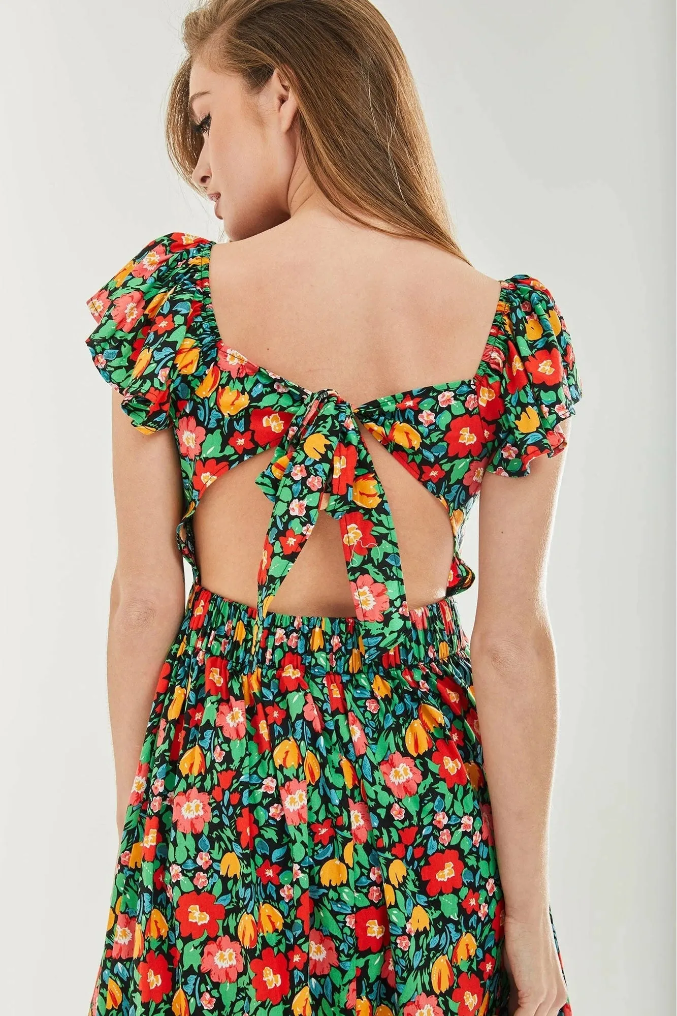 Liquorish Floral Print Cut Out Back Midi Dress