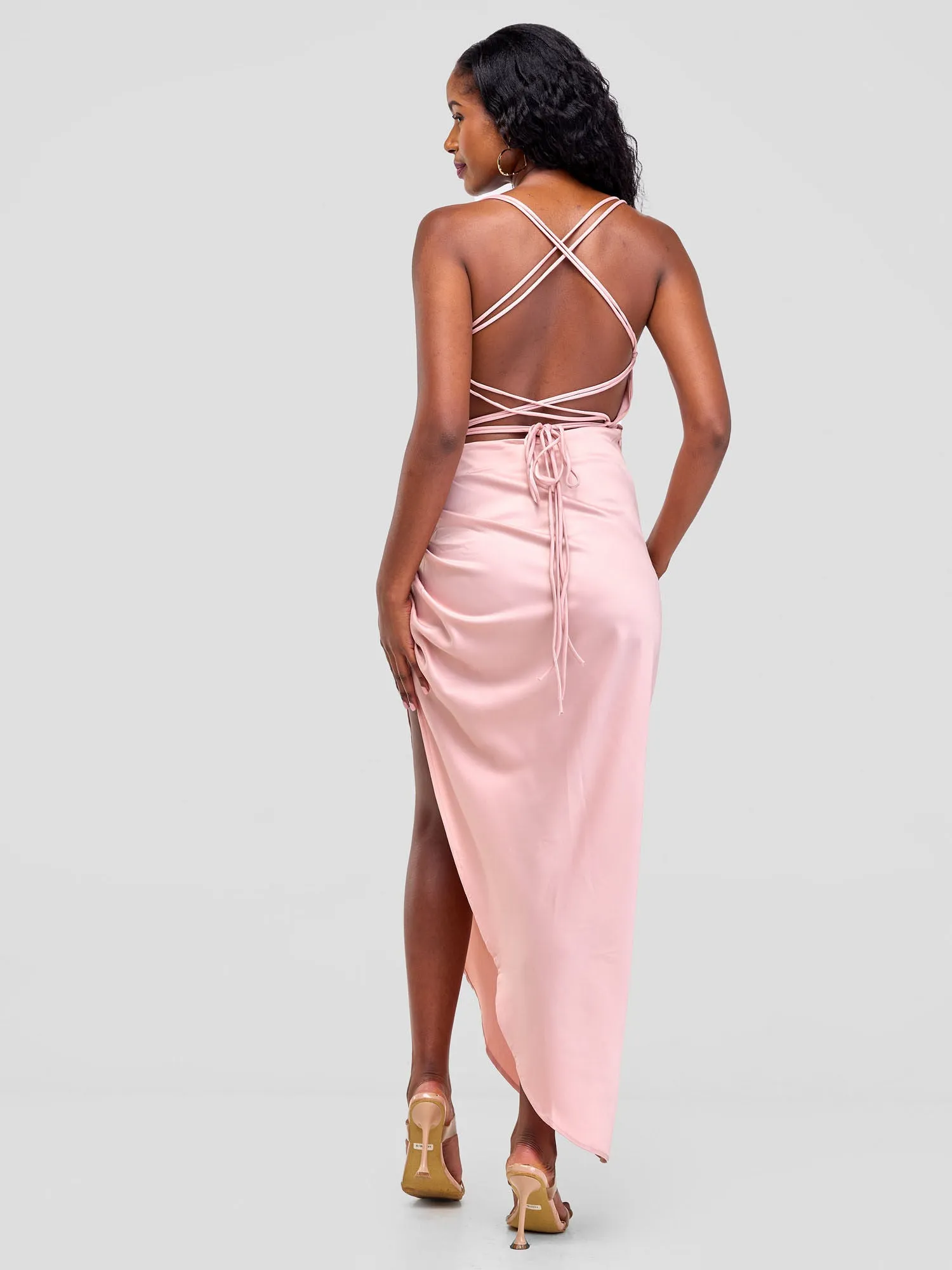 Lola Backless Strappy Satin Dress  With High Side Slit - Baby Pink