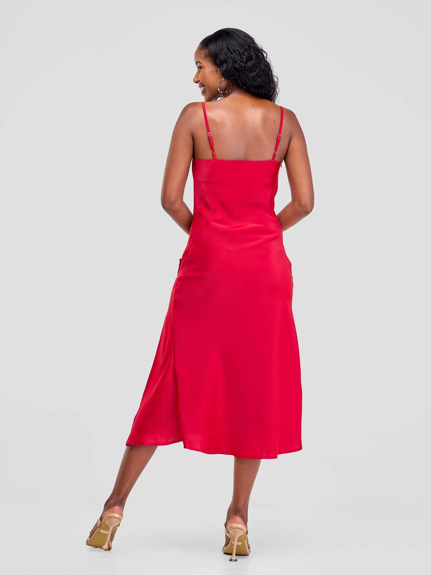 Lola Satin Slip Dress With Side Buttons - Red