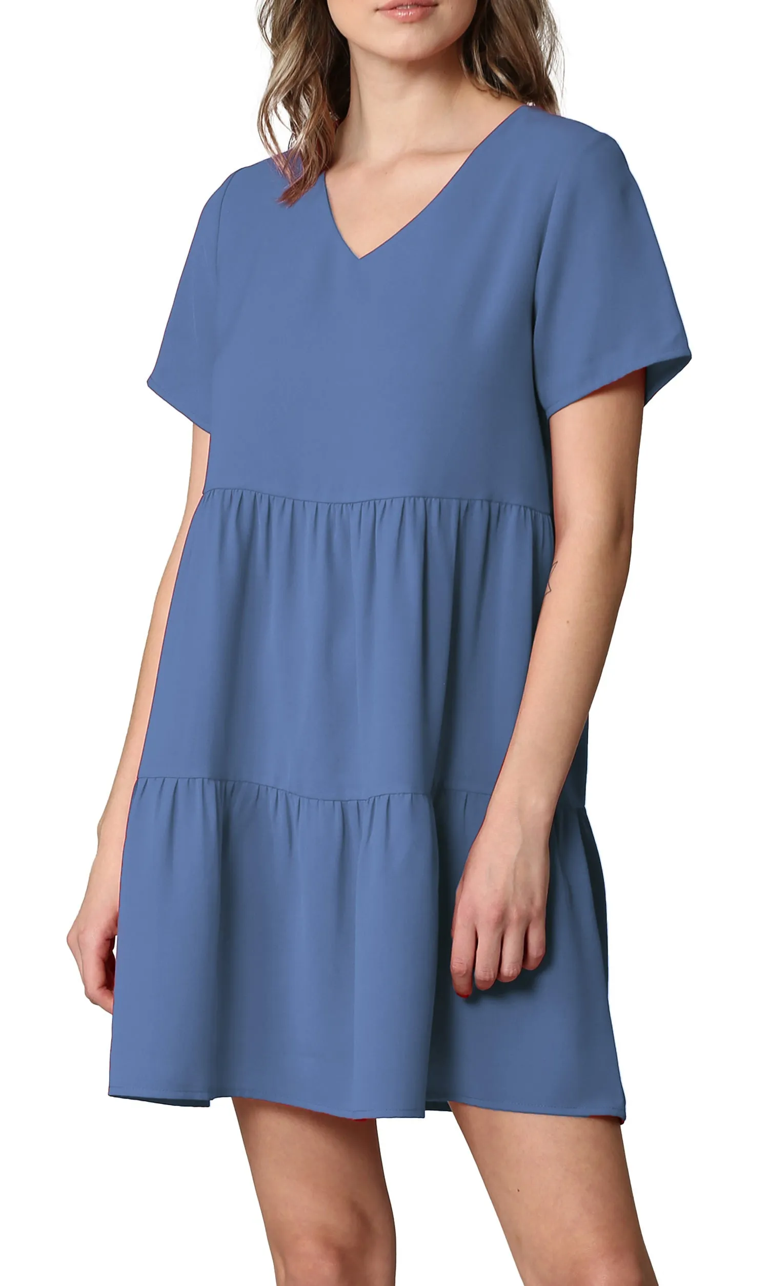 Made By Johnny Casual Flowy Swing Shift Short Sleeve Tiered Dress