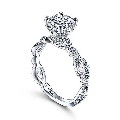 Mounting Only, 14K White Gold Twisted Round Diamond Engagement Ring