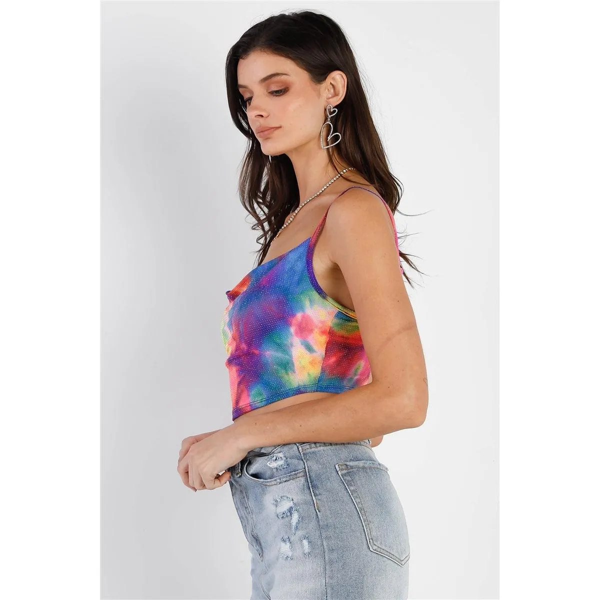 Multi Color Neon Tie-dye Lurex Cowl Neck Sleeveless Crop Top