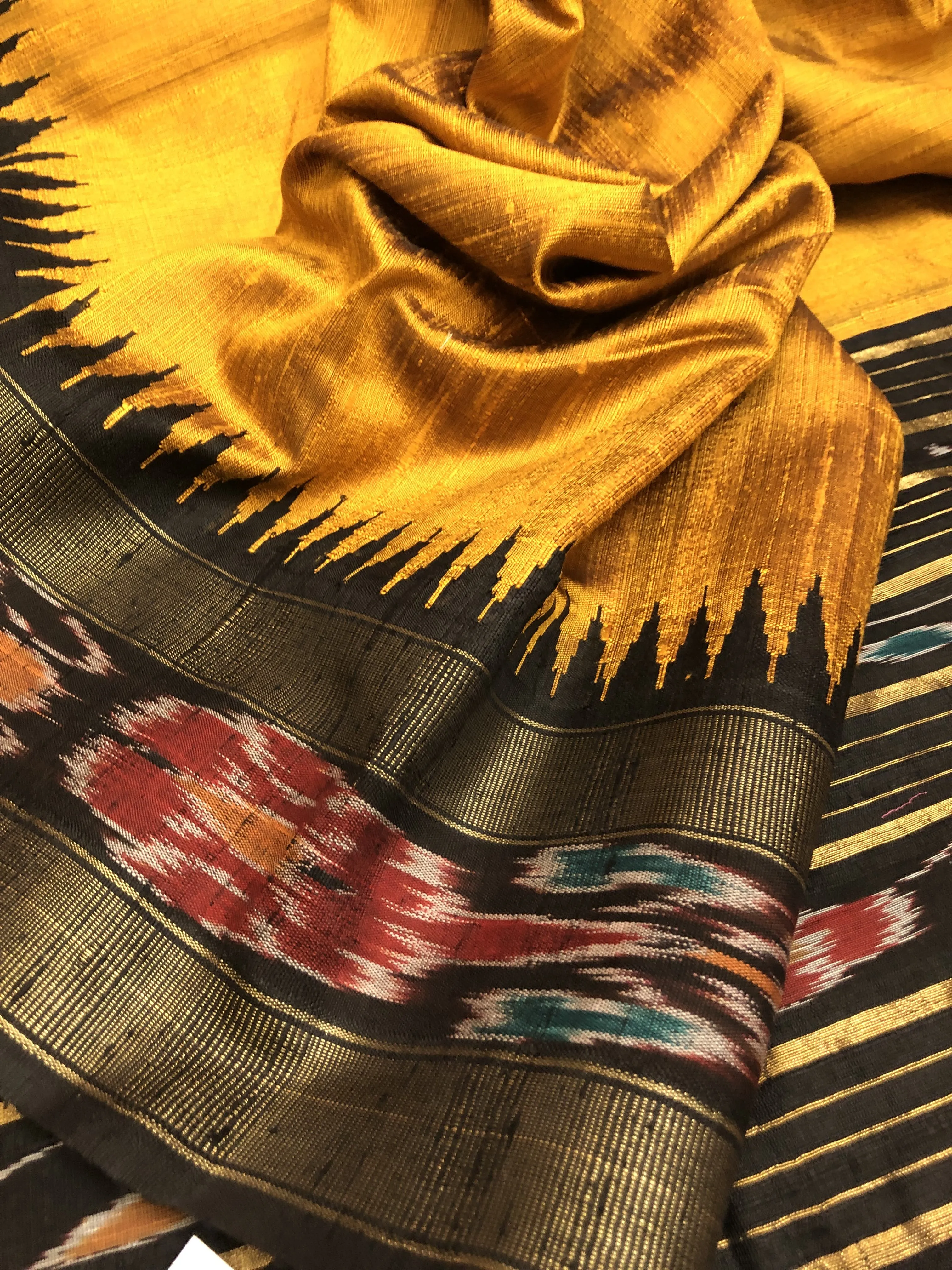 Mustard Golden Color Raw Silk with Ikat Work Pallu & Border