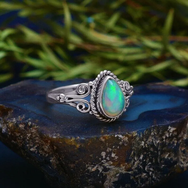 Natural Ethiopian Welo Fire Opal 925 Sterling Silver Ring