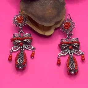 Oaxacan vintage Silver filigree earrings with coral, circa 1950