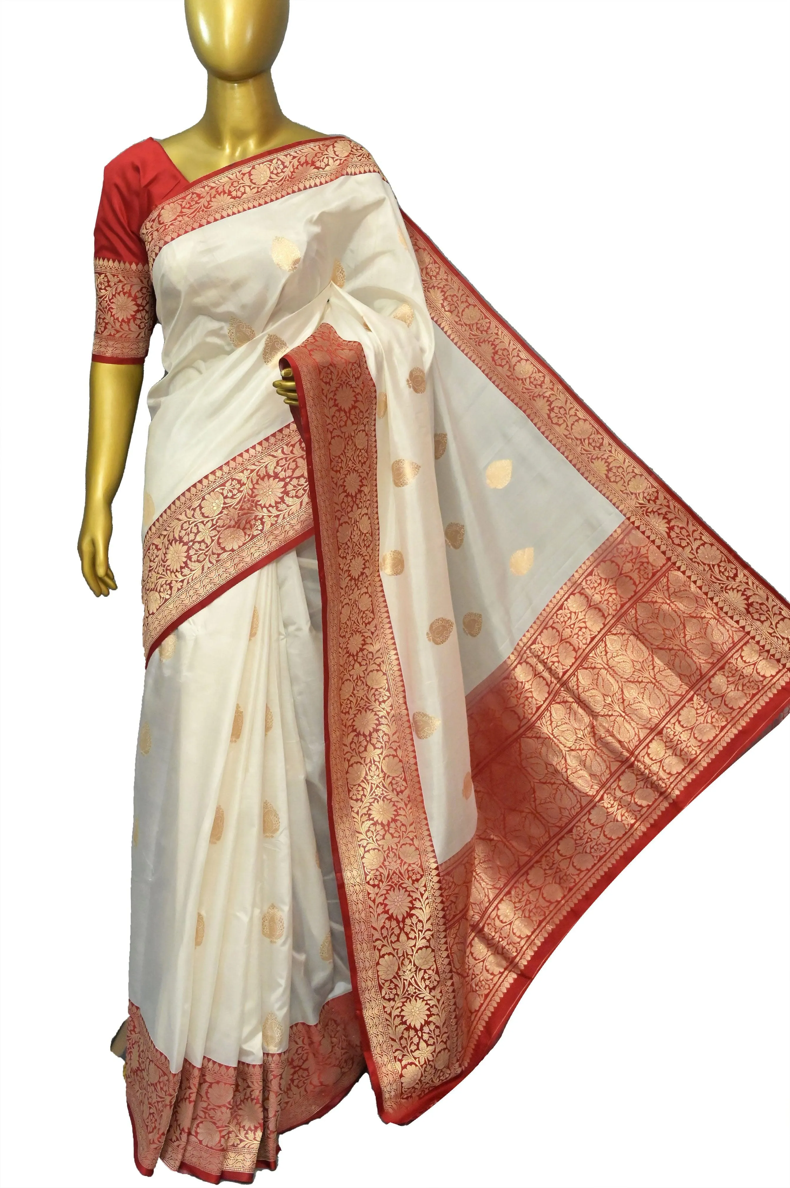 Off-white and Red Color Katan Banarasi Saree