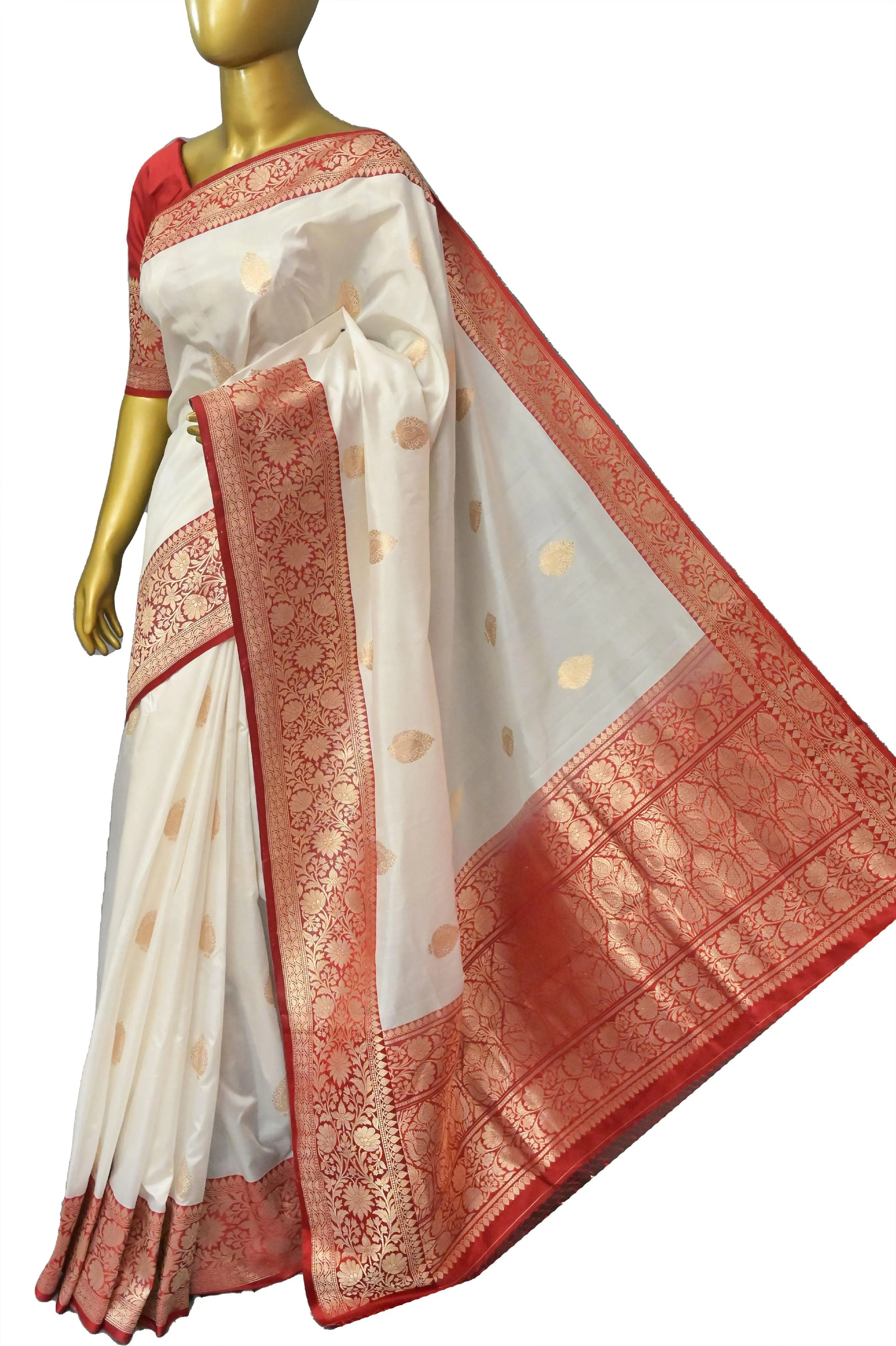 Off-white and Red Color Katan Banarasi Saree