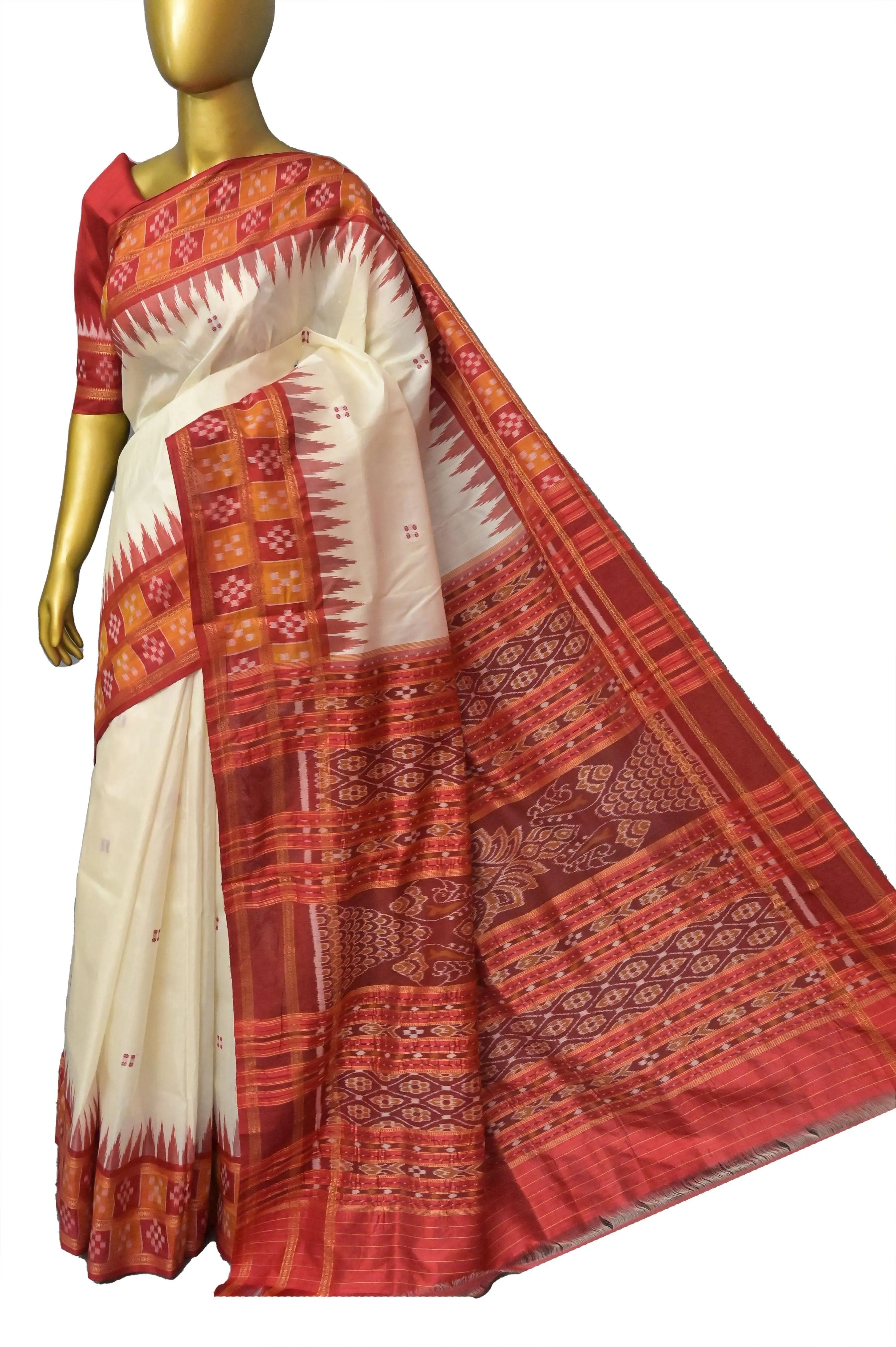 Offhwite and Red Color Sambalpuri Silk Saree with Double Pasapalli Border