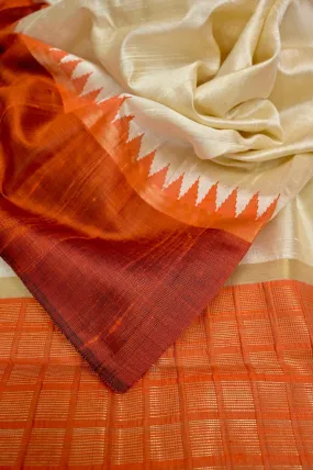 Offwhite and Orange Color Pure Raw Silk Saree with Temple Border