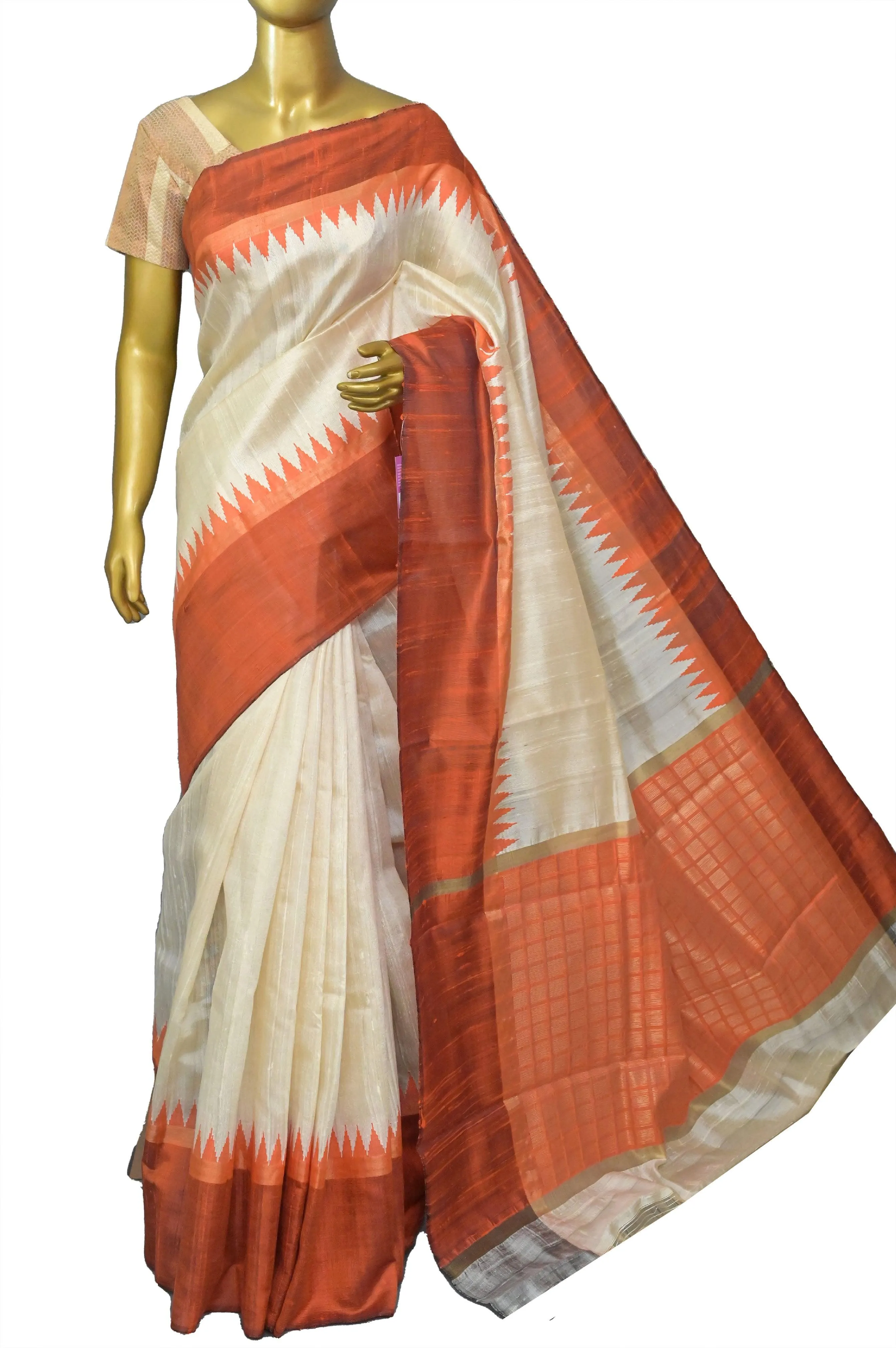 Offwhite and Orange Color Pure Raw Silk Saree with Temple Border