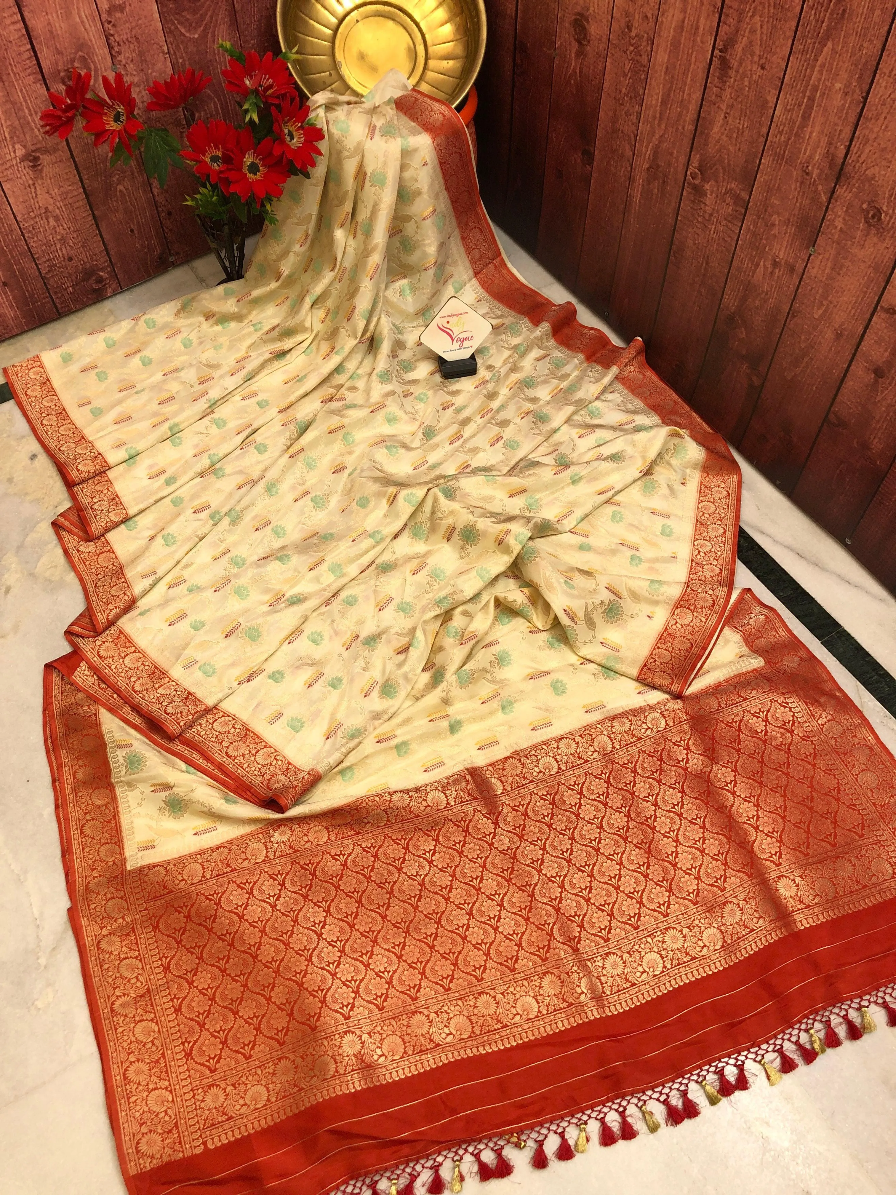 Offwhite and Red Color Muga Banarasi Silk Saree