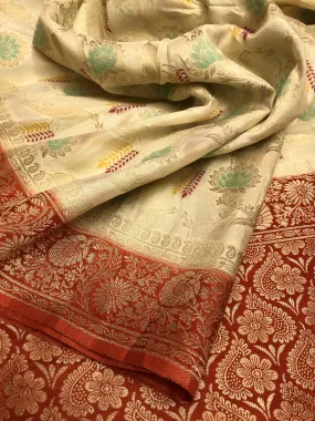 Offwhite and Red Color Muga Banarasi Silk Saree