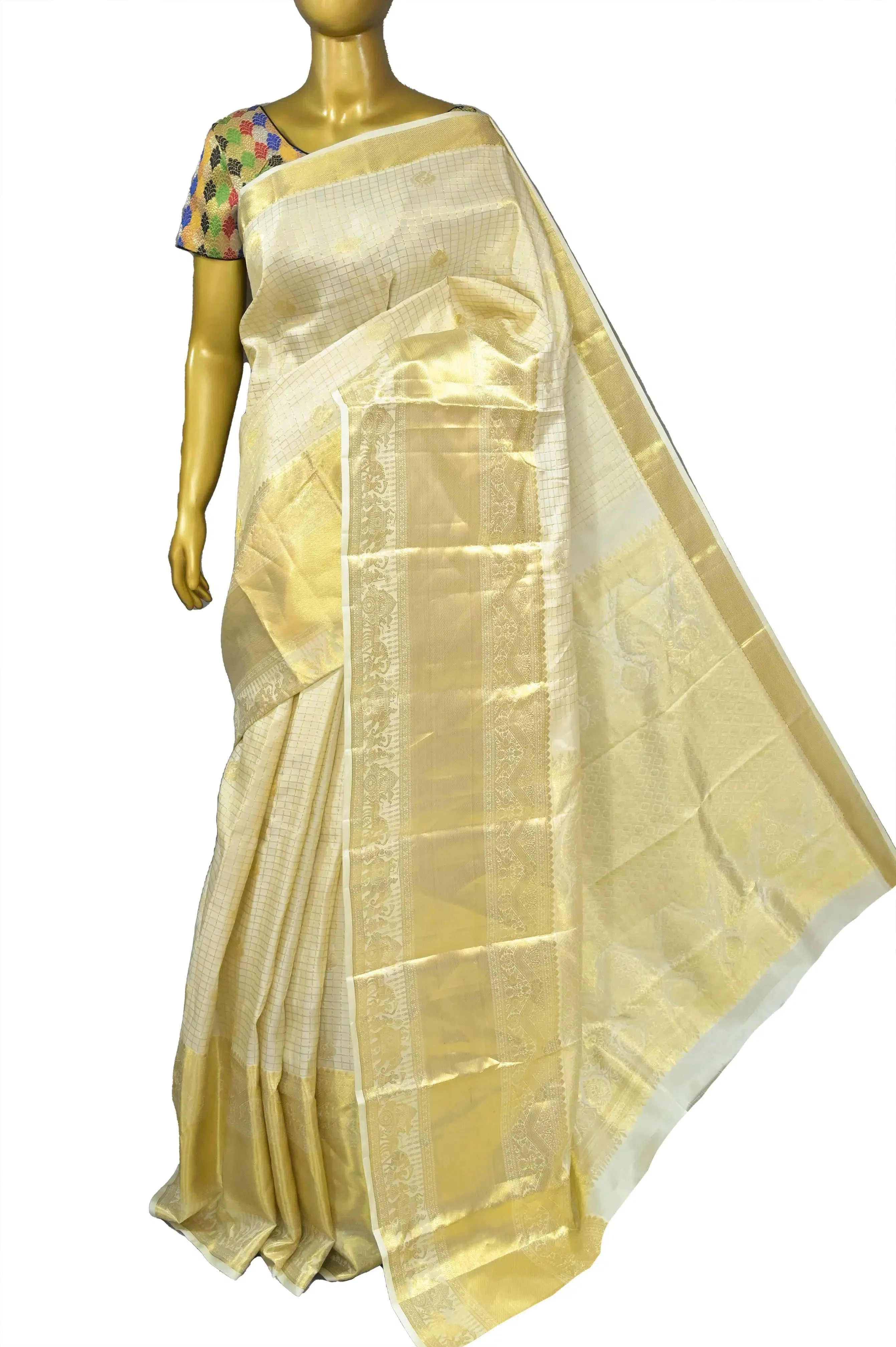 Offwhite Color Kanjeevaram Silk Saree with Allover Checks and Zari Buti Work