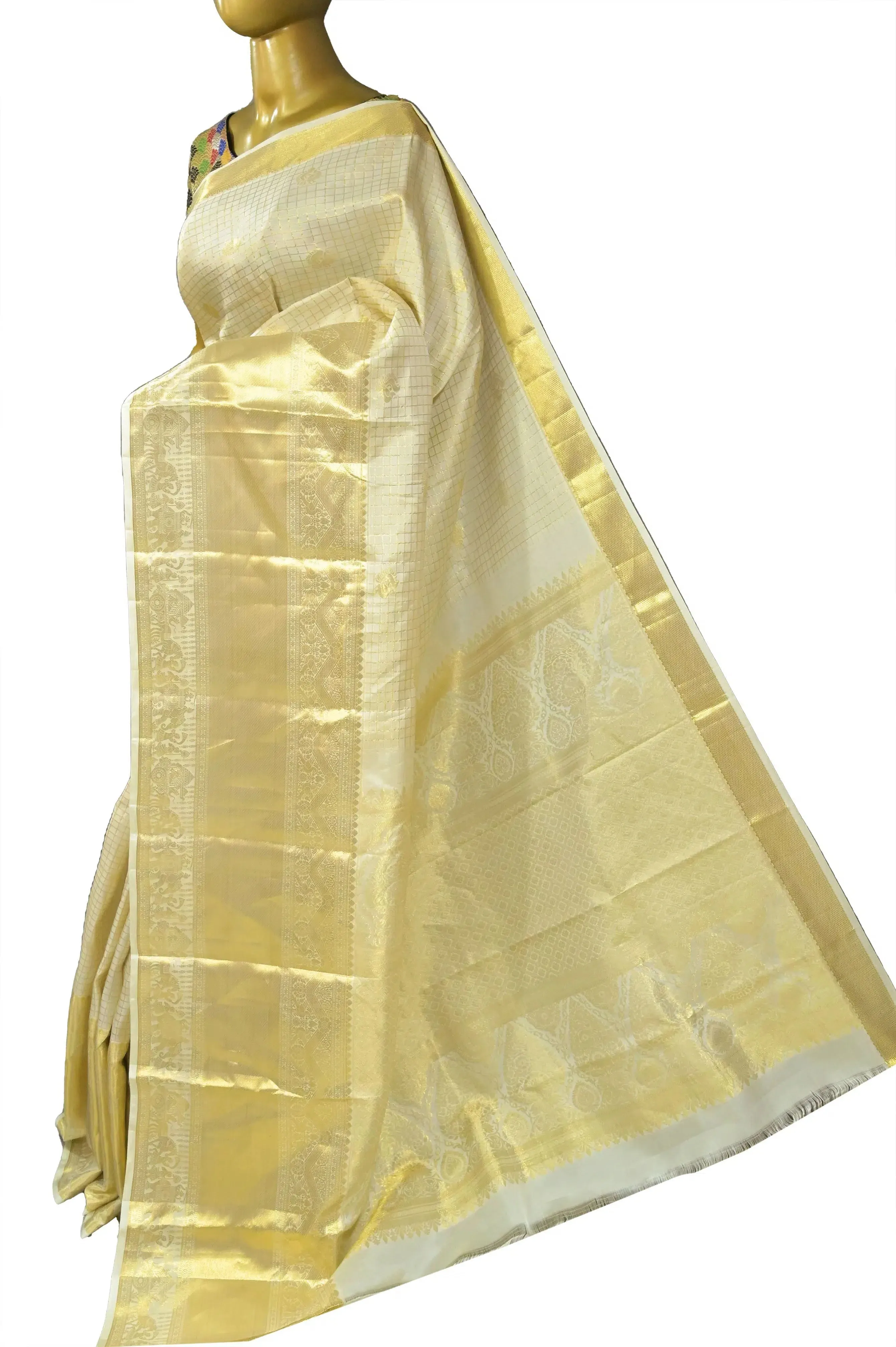 Offwhite Color Kanjeevaram Silk Saree with Allover Checks and Zari Buti Work