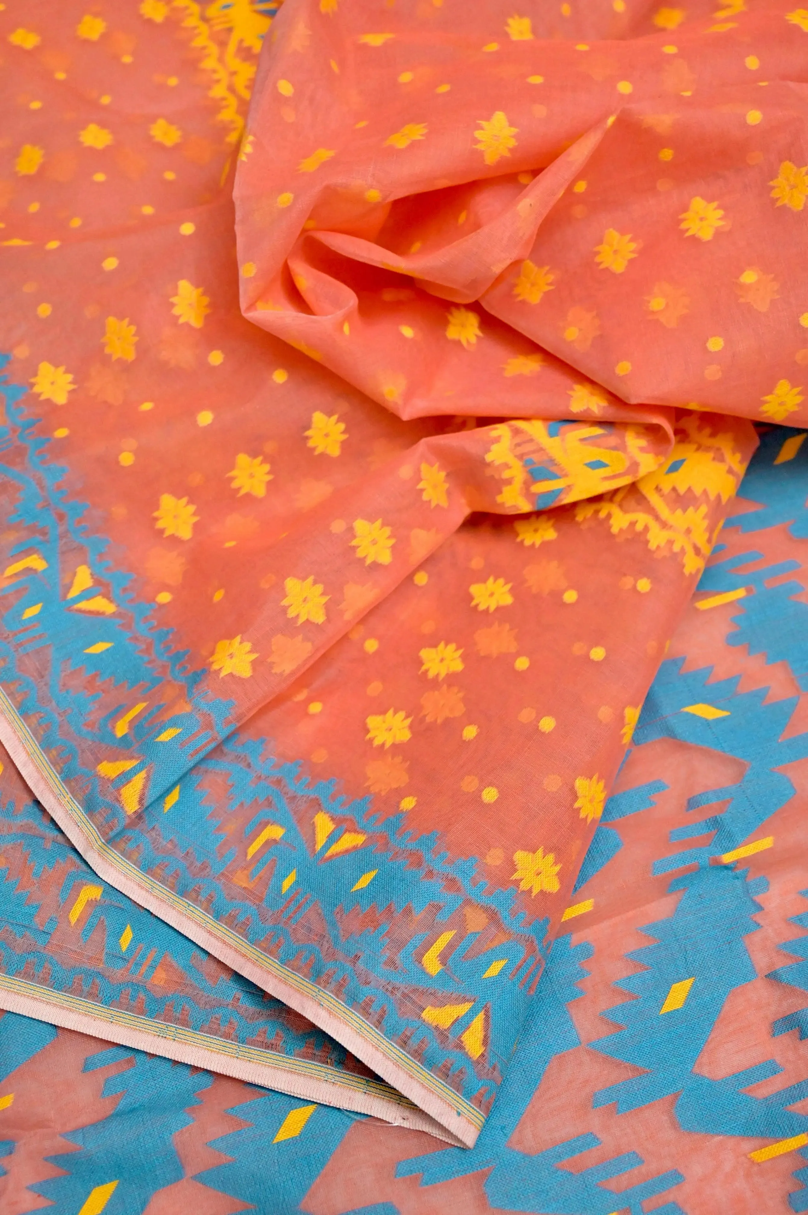 Orange and Firozi Blue Color Jmadani Saree with Gap Border