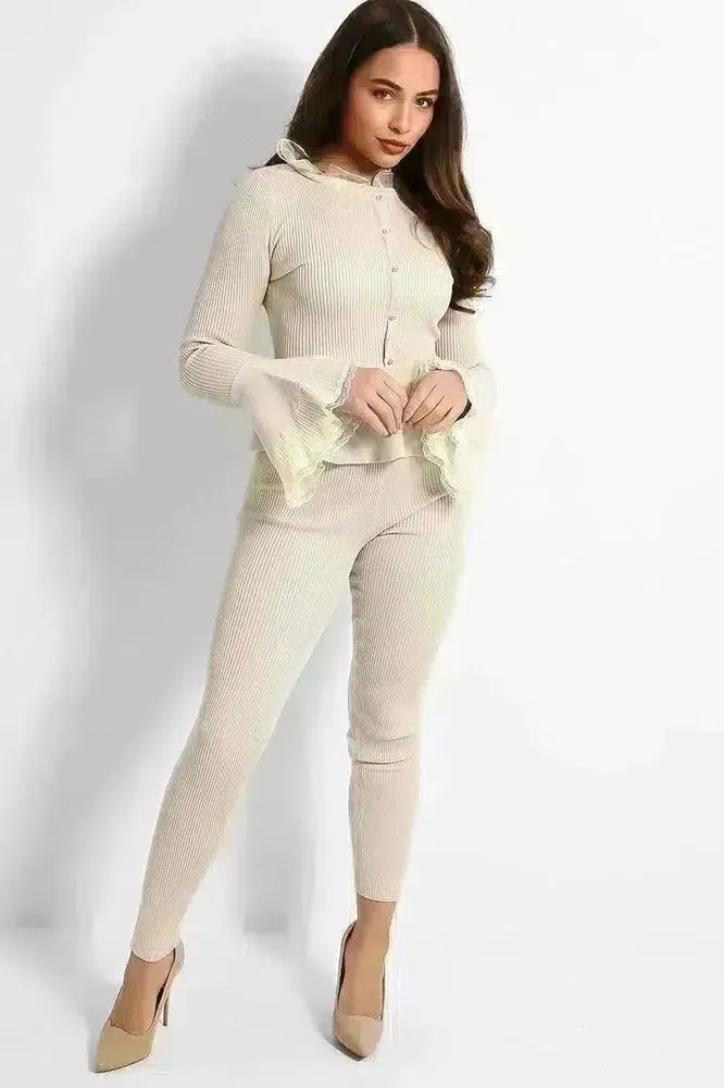 Organza Neck Crystal Button Details Rib Knit Lounge Set